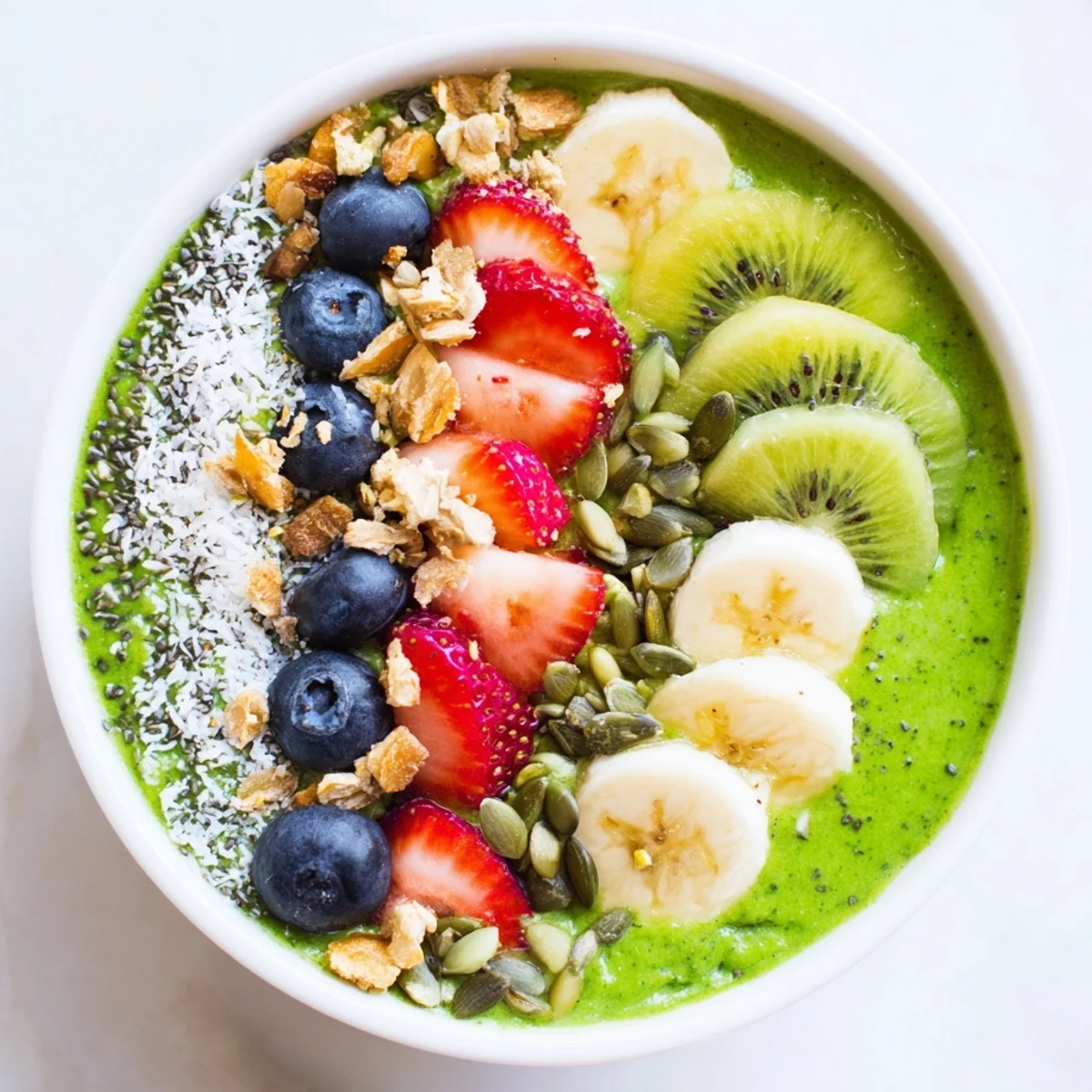 A spoon is ready to enjoy this chilled Green Smoothie Bowl with Fruit Toppings.