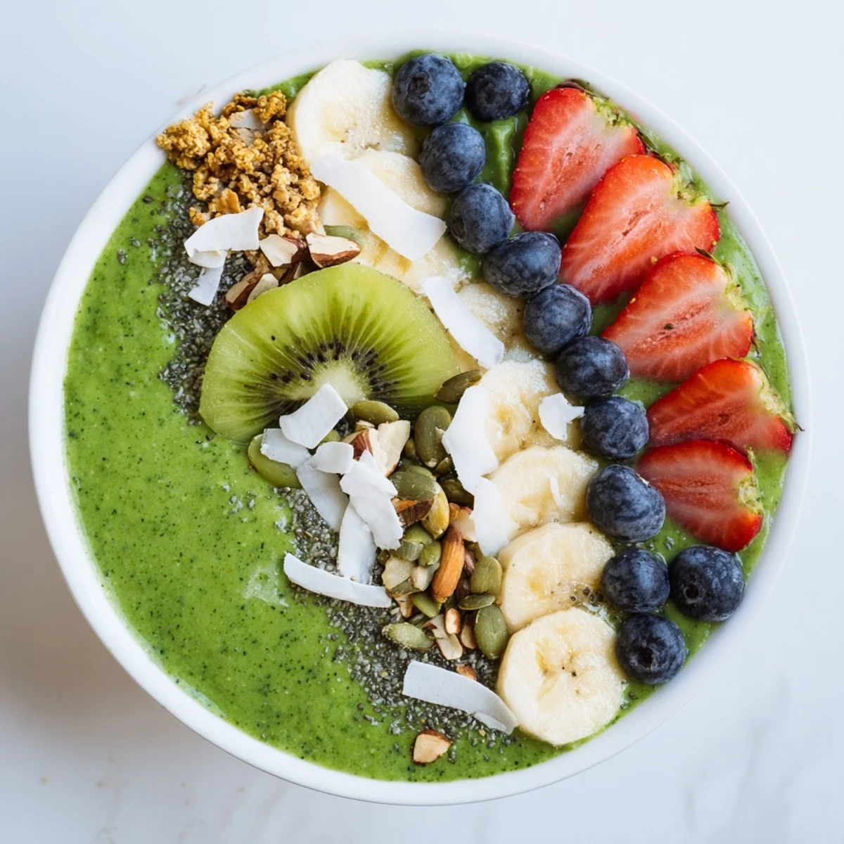 This Green Smoothie Bowl with Fruit Toppings is topped with berries, kiwi, and nuts.