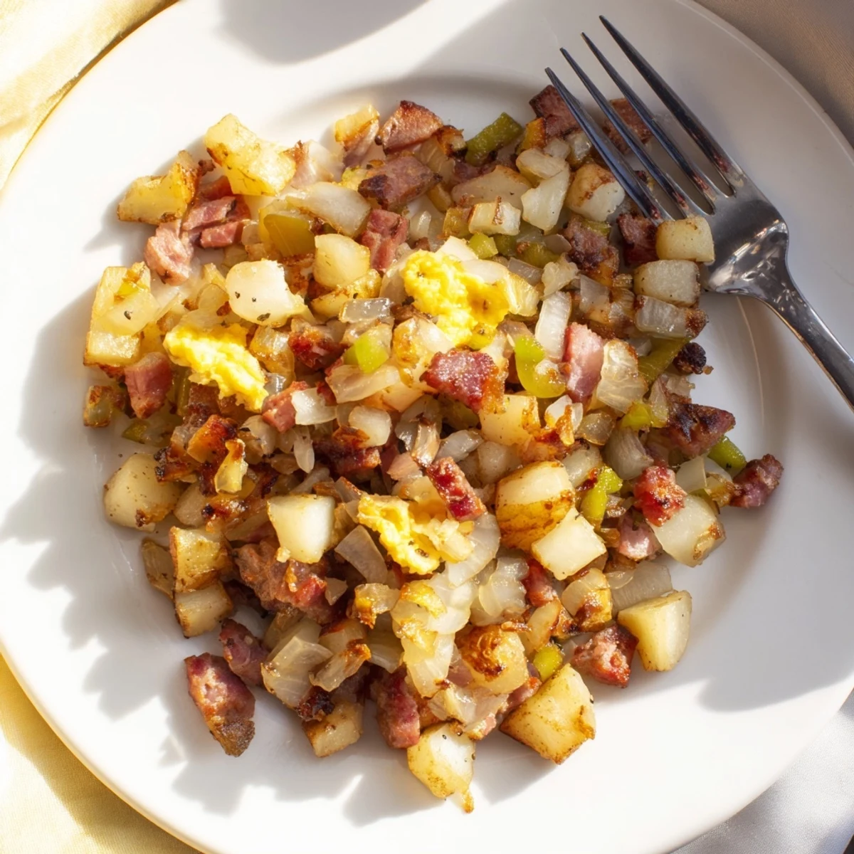 Golden crispy potatoes and tender corned beef in Corned Beef Hash, served steaming in a skillet for a hearty breakfast.