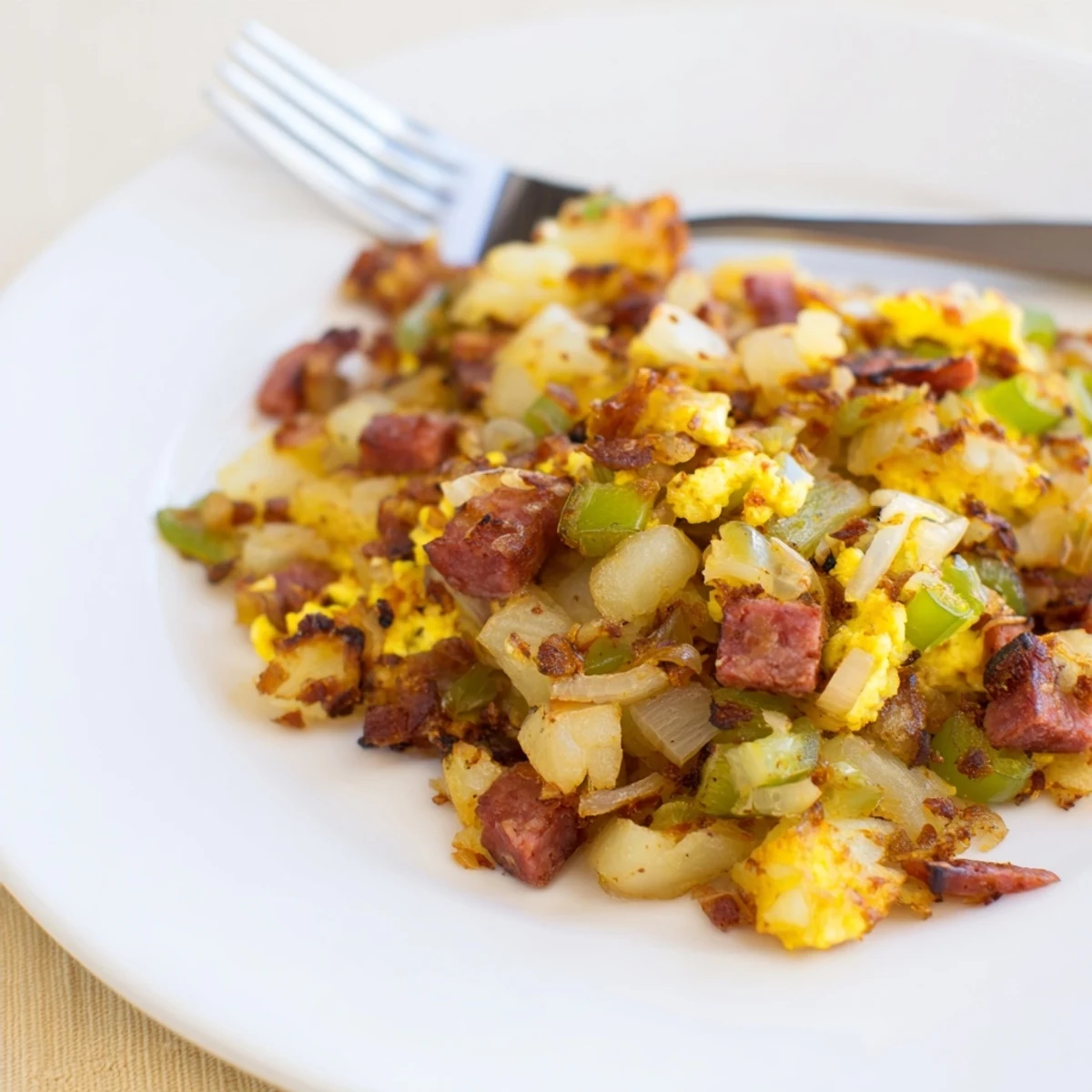 Corned Beef Hash with Crispy Potatoes on a plate topped with a sunny-side-up egg, garnished with fresh parsley for brunch.