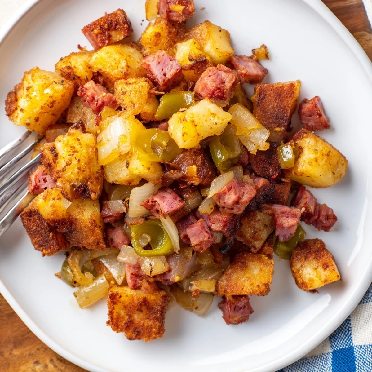 Close-up of Corned Beef Hash with Crispy Potatoes, featuring caramelized onions and a smoky paprika scent beside a cup of coffee.