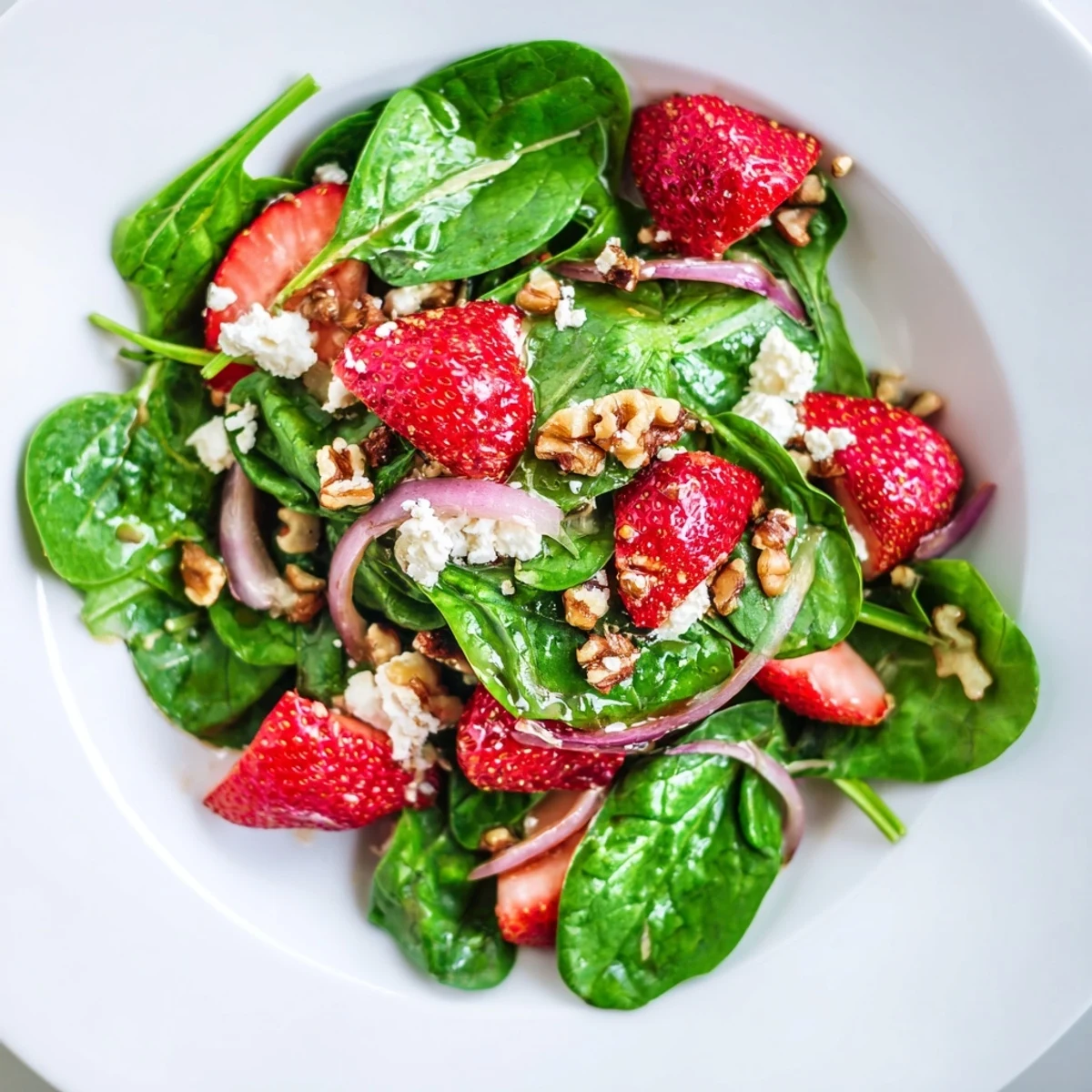 Vibrant Strawberry Spinach Salad with Walnuts on a white plate, fresh spinach leaves and juicy red strawberries glistening with balsamic vinaigrette.