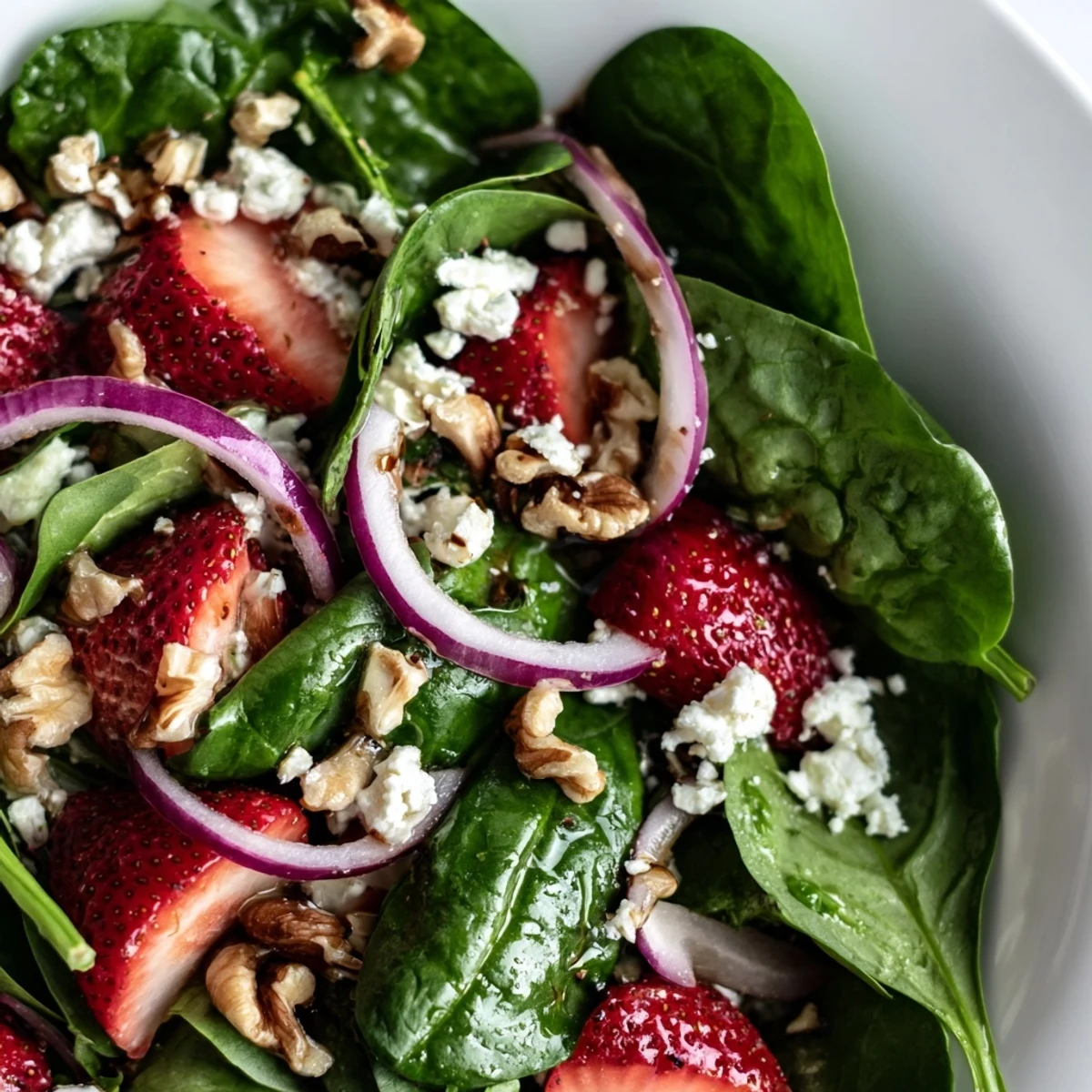 Delicious Strawberry Spinach Salad with Walnuts in a rustic ceramic bowl, featuring sliced red onion and golden toasted walnuts for crunch.