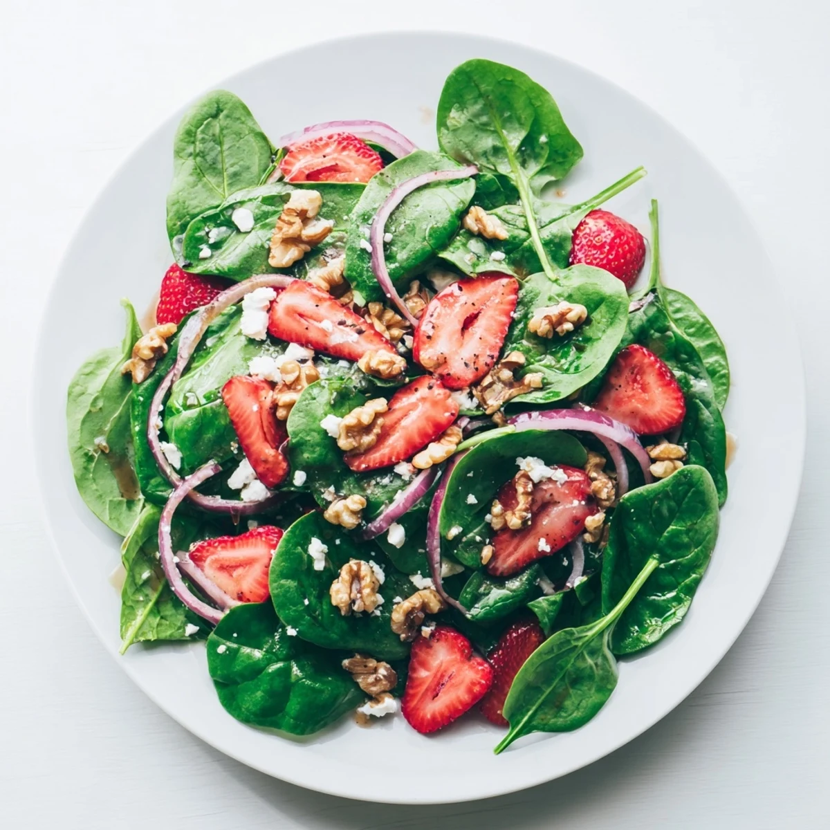 Close-up of a serving of Strawberry Spinach Salad with Walnuts, topped with crumbled feta and a light drizzle of tangy dressing.