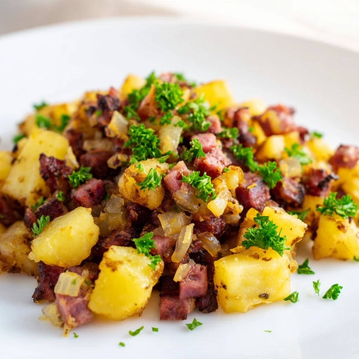 Golden crispy corned beef hash with potatoes, sautéed onions, and red bell peppers steaming in a cast-iron skillet.
