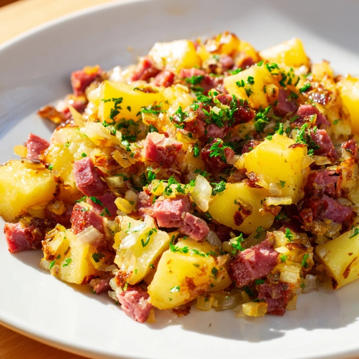 A close-up view of corned beef hash, featuring tender potatoes and savory beef, topped with a perfectly fried egg.