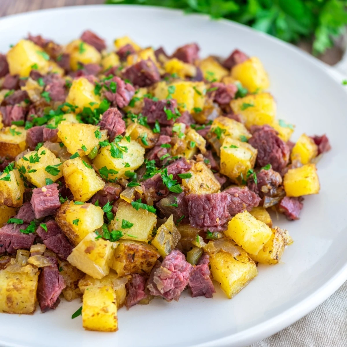 Savory corned beef hash served in a skillet, garnished with fresh parsley and ready for a hearty American breakfast.