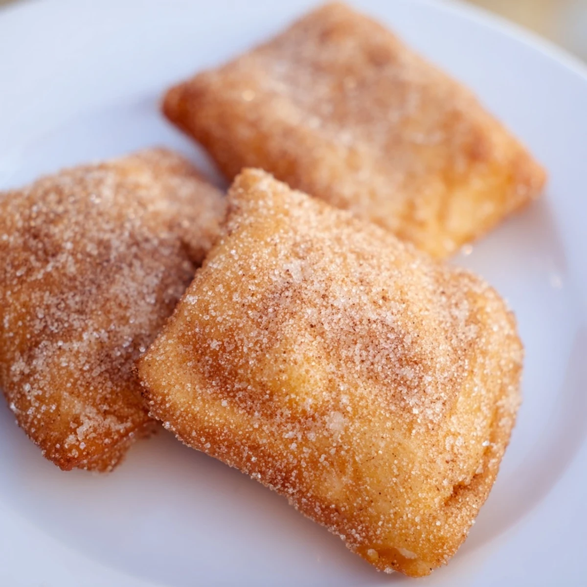 Golden fried dough squares coated in sparkling sugar, arranged for a festive Mardi Gras treat.