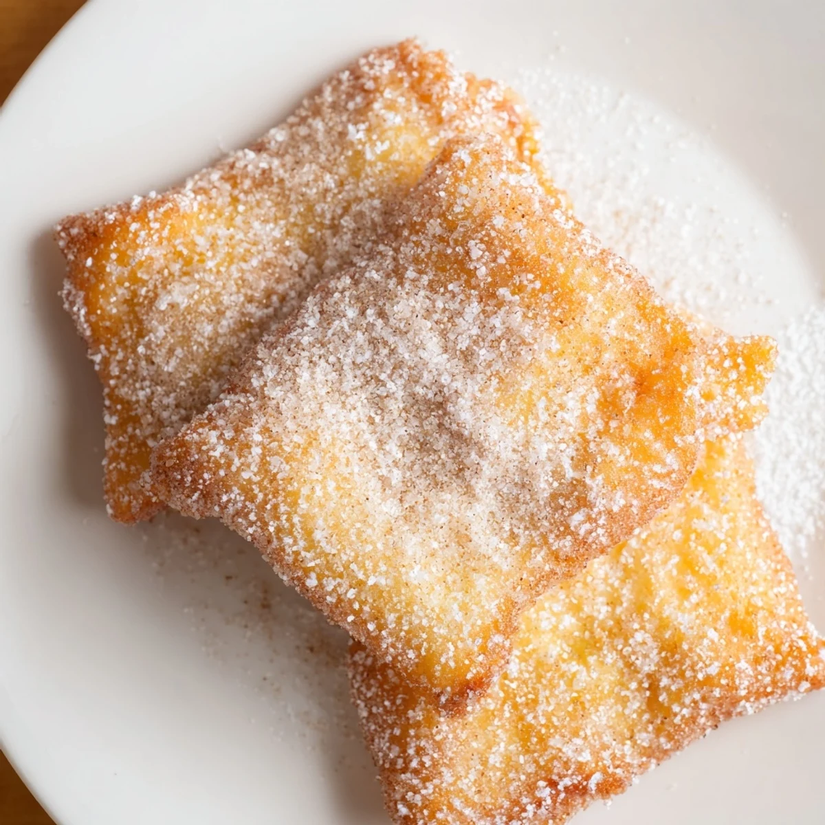 Pillowy Mardi Gras fried dough glistening with granulated sugar, a sweet New Orleans dessert.