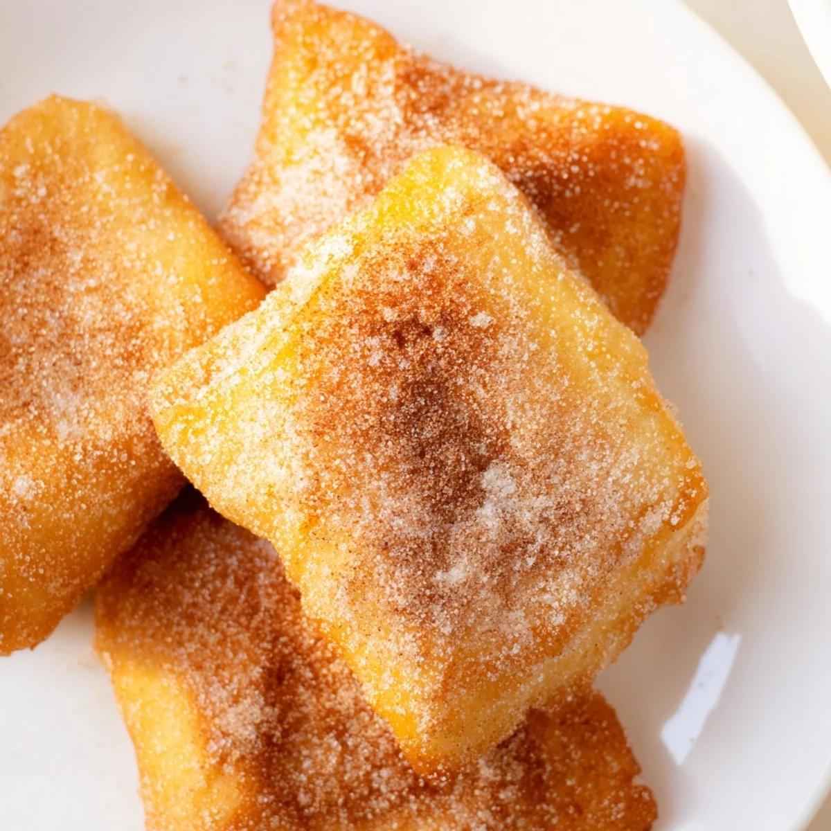Warm Mardi Gras fried dough dusted with cinnamon sugar, ready to serve with coffee.