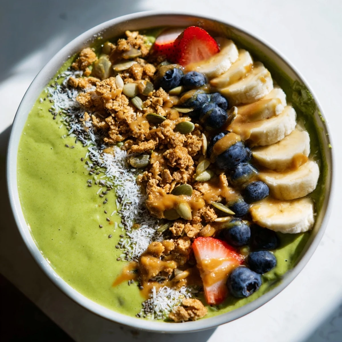 Creamy Green Smoothie Bowl with Toppings featuring vibrant spinach, banana, and fresh berries on a spoon.