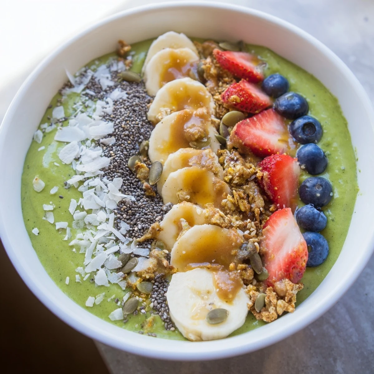 Thick, frosty Green Smoothie Bowl with Toppings served in a bowl, topped with crunchy granola and seeds.