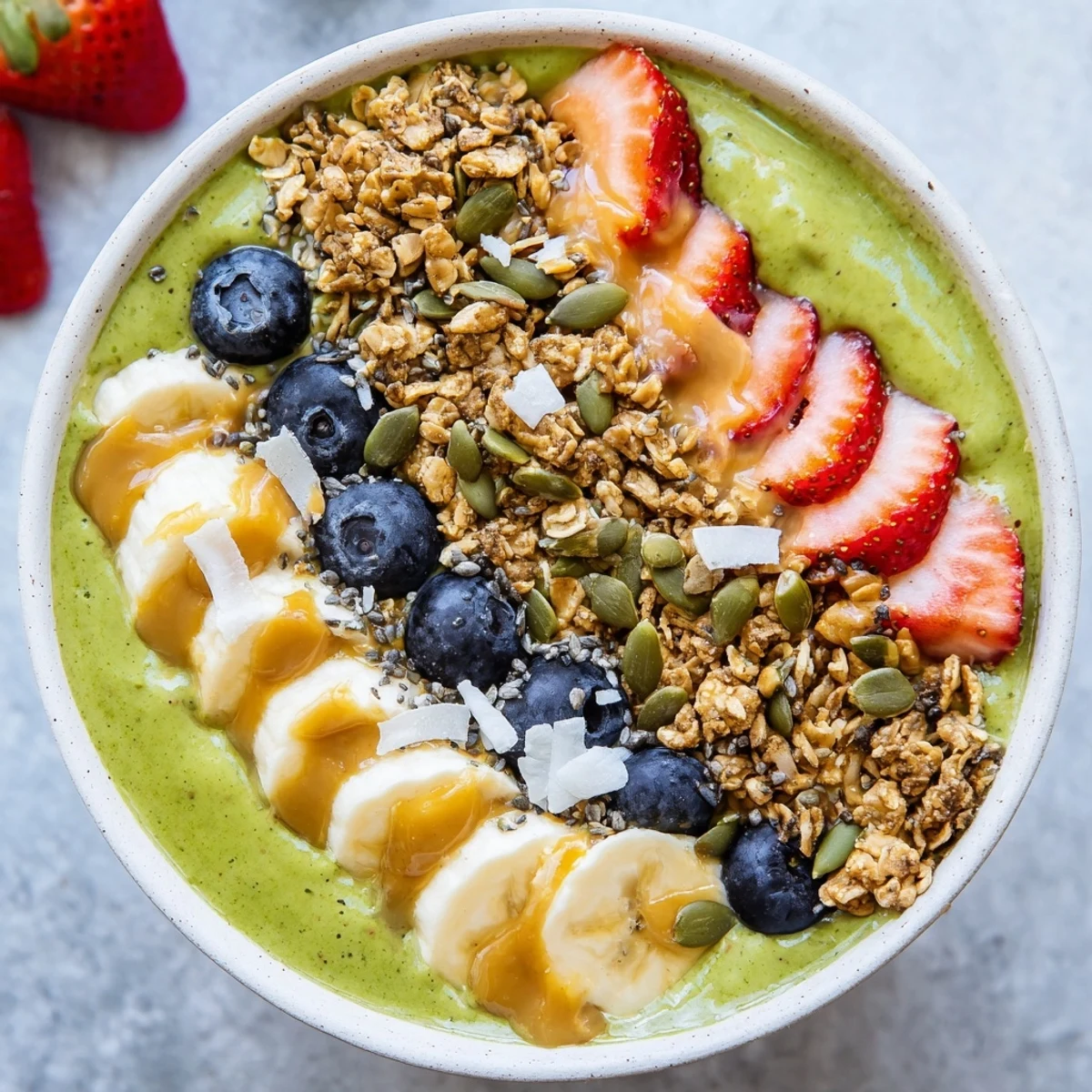 Refreshing Green Smoothie Bowl with Toppings garnished with coconut flakes, sliced banana, and colorful berries for breakfast.