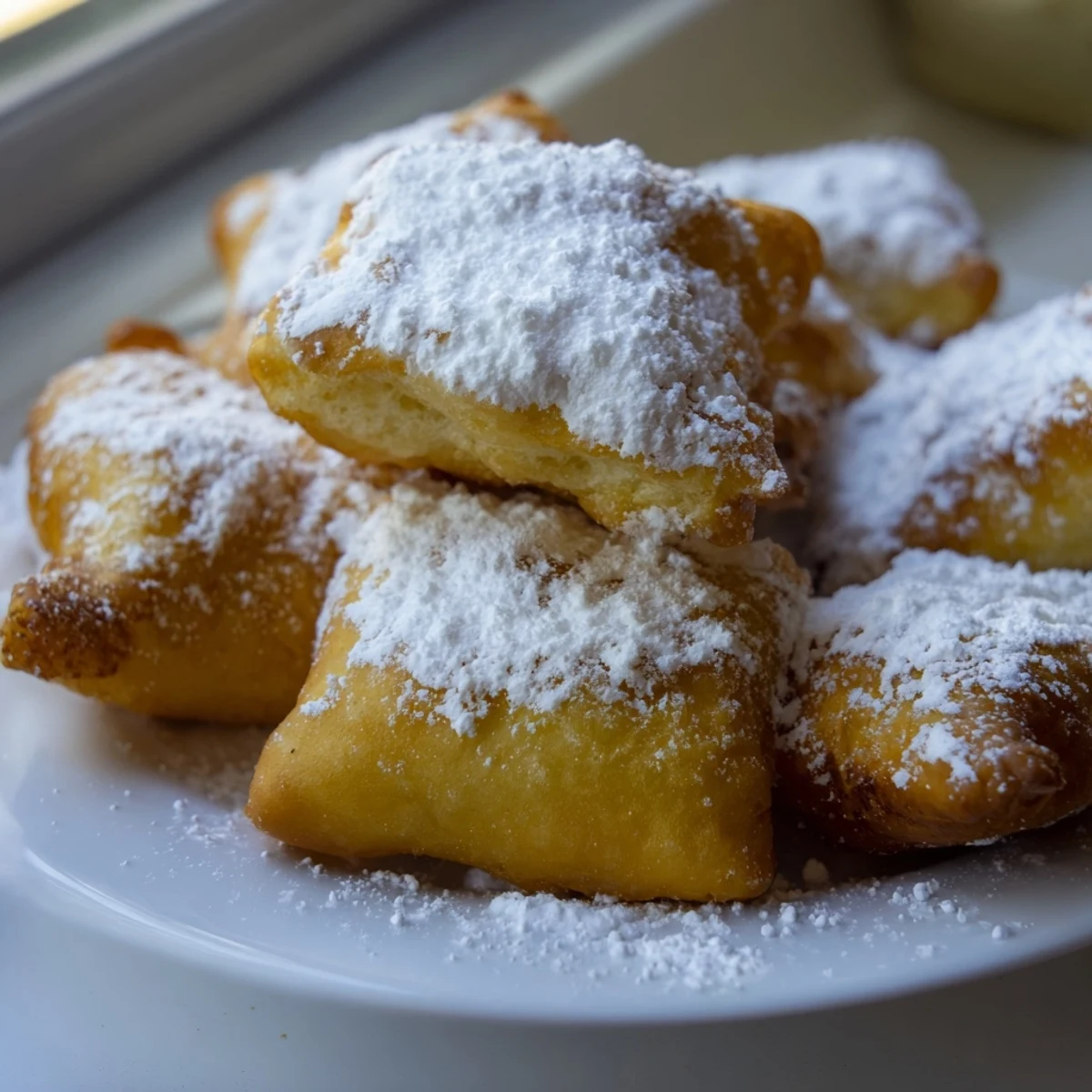 Golden, crispy Mardi Gras Fried Dough squares, warm and dusted with powdered sugar on a festive plate.