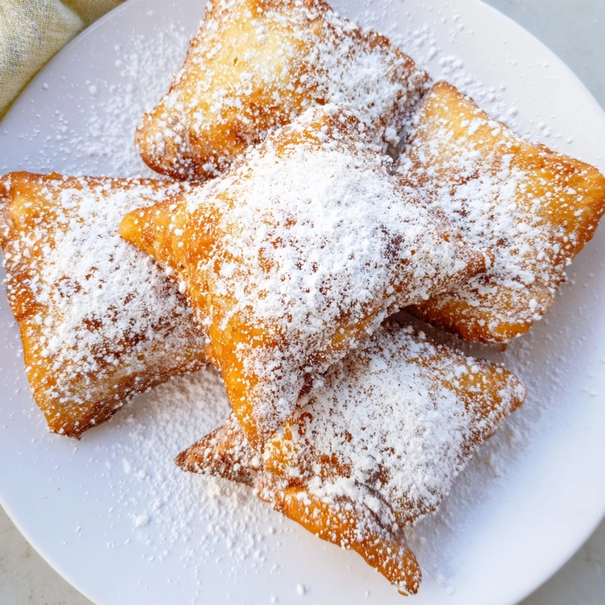Warm Mardi Gras Fried Dough pieces are dusted heavily with powdered sugar, golden and puffy.
