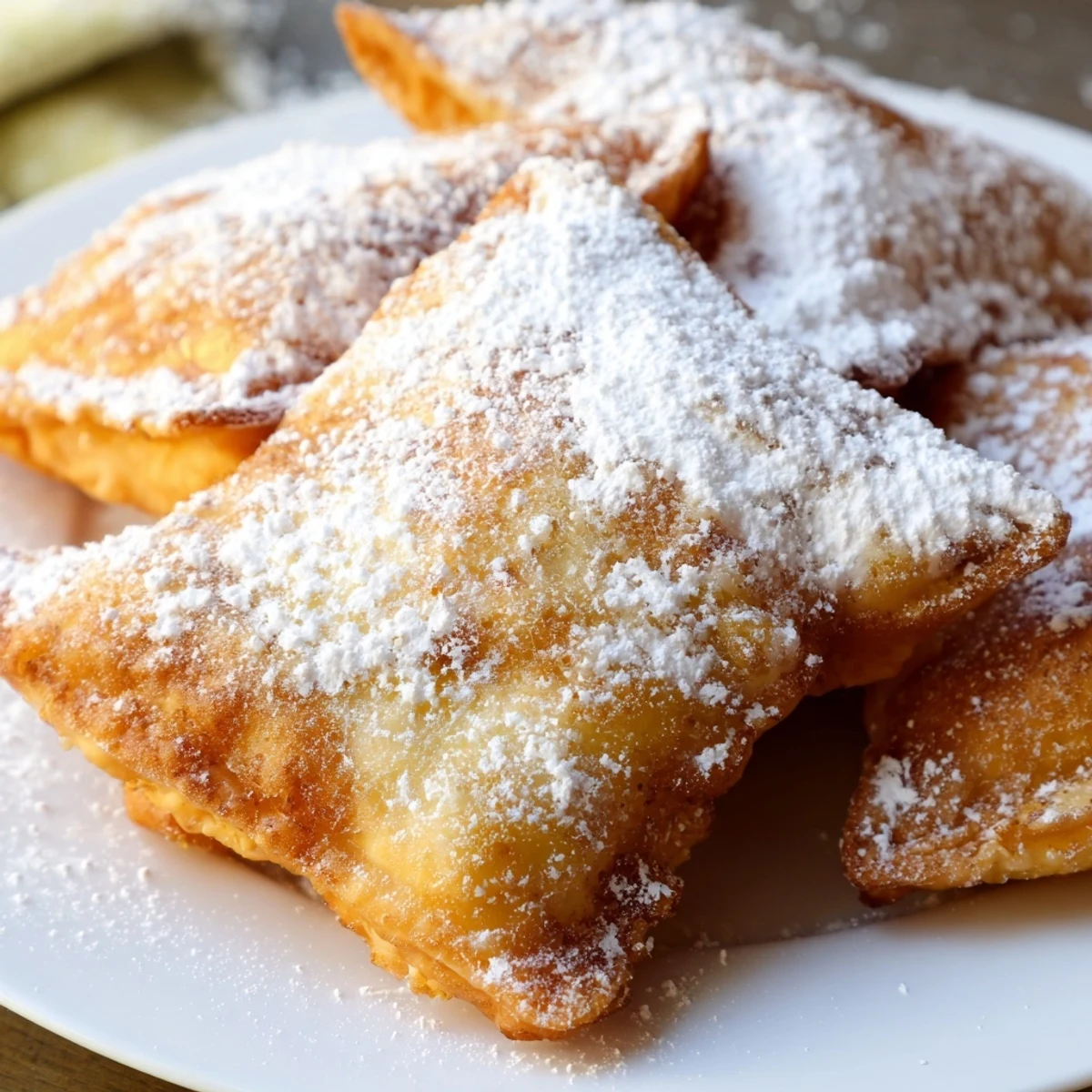 New Orleans style Mardi Gras Fried Dough dusted with powdered sugar served warm on a plate.