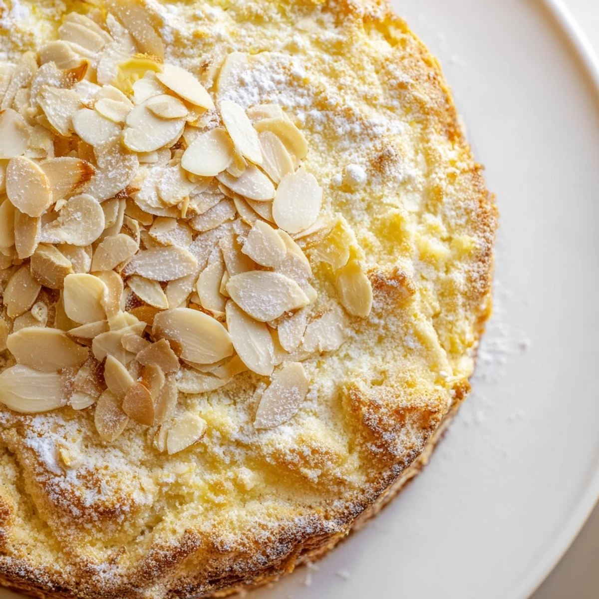 Golden-brown Lemon Ricotta Cake with Almonds, sprinkled with sugar and sliced almonds, served on a rustic plate.