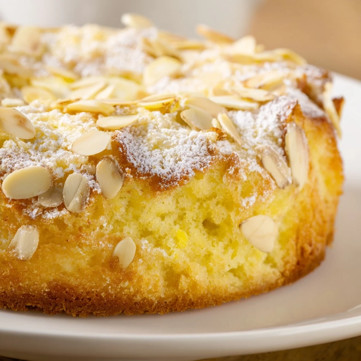 A close-up of moist Lemon Ricotta Cake with Almonds, featuring a tender crumb and bright lemon zest flecks.