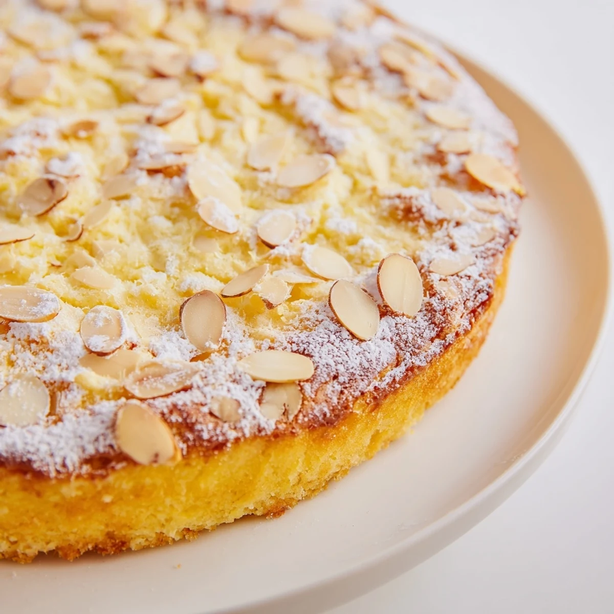 Freshly baked Lemon Ricotta Cake with Almonds dusted with powdered sugar, alongside a cup of hot tea.