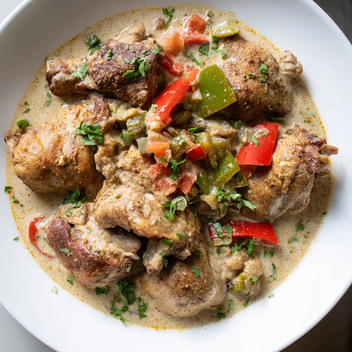 A close-up of Brazilian Coconut Chicken in a skillet, showing tender chicken pieces coated in a creamy, golden-orange coconut sauce with visible chili and cilantro garnish.