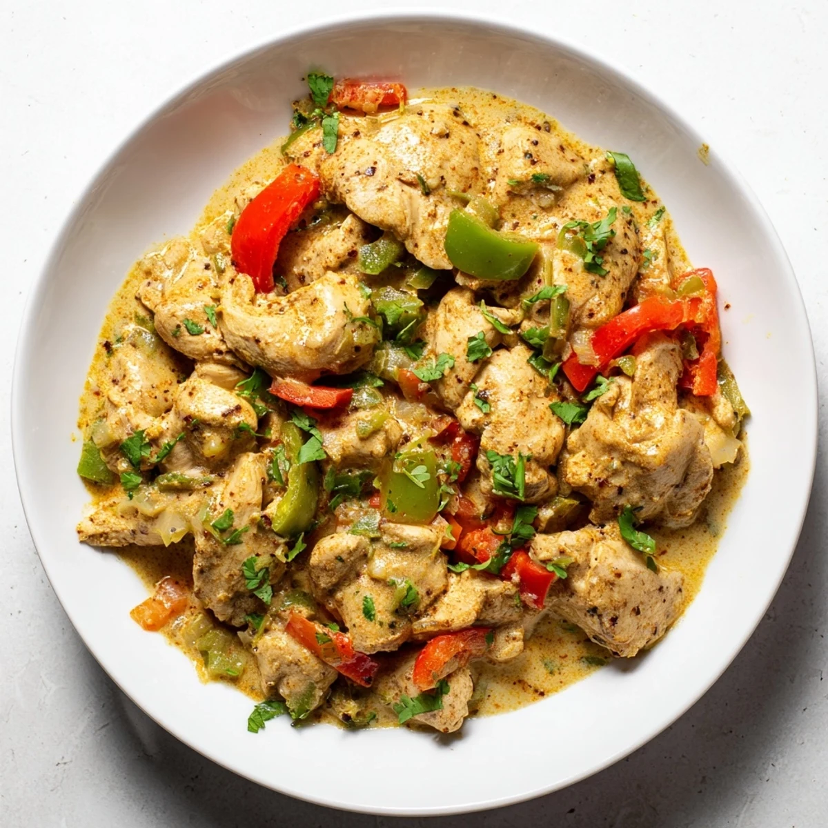 Steaming Brazilian Coconut Chicken served over fluffy white rice in a white bowl, garnished with fresh cilantro and lime wedges for a bright, appetizing presentation.