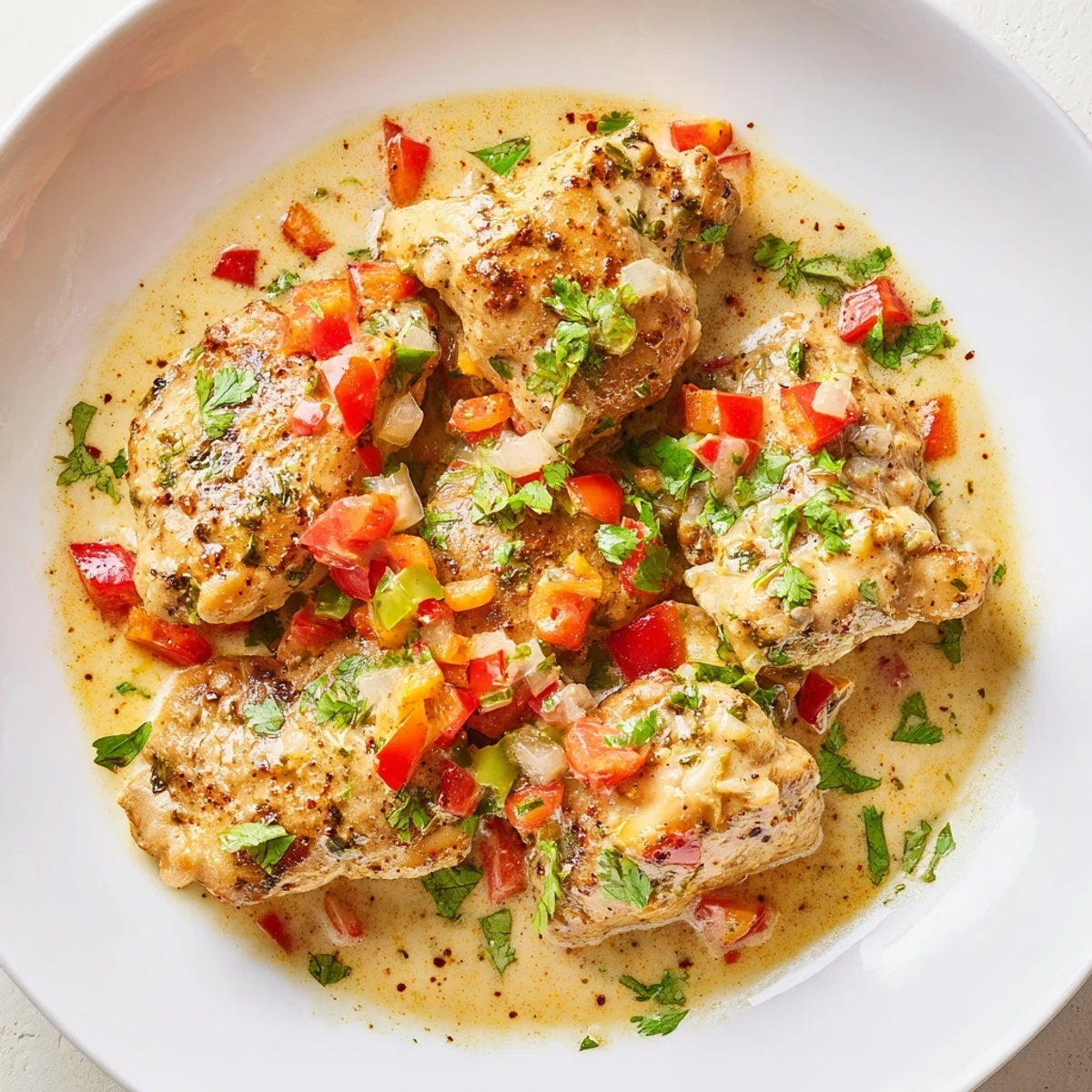 Overhead view of Brazilian Coconut Chicken in a rustic Dutch oven, featuring colorful bell peppers and onions simmering in the rich, fragrant sauce.