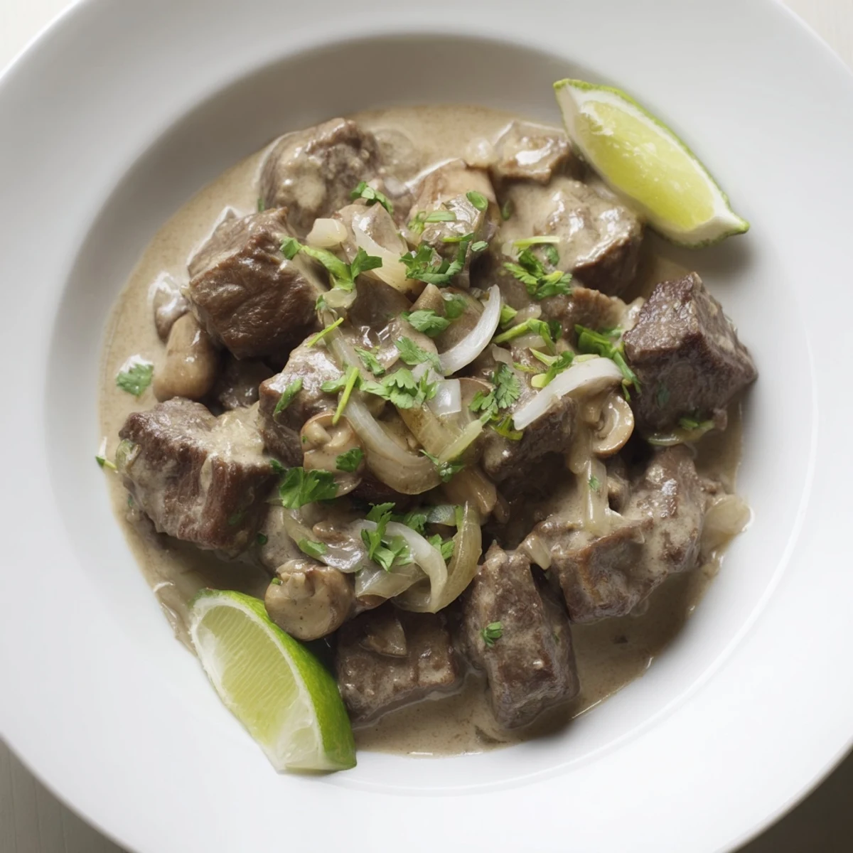 The Lemongrass Coconut Braised Beef with Mushrooms served in a shallow bowl with steamed jasmine rice and fresh lime wedges.