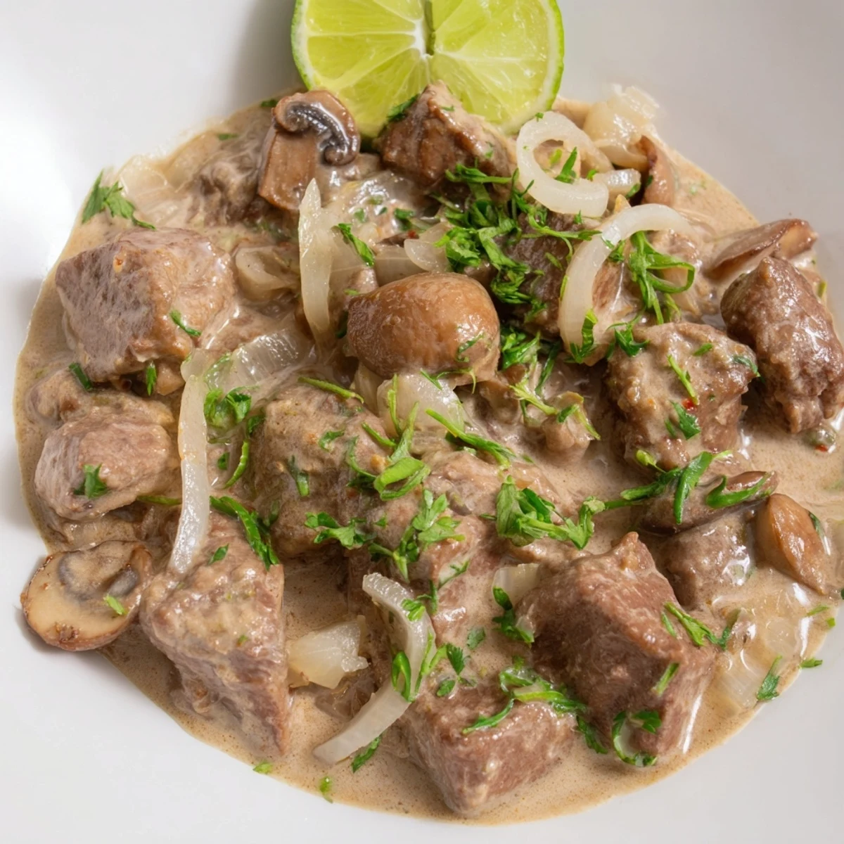 A close-up view of the tender Lemongrass Coconut Braised Beef with Mushrooms, garnished with cilantro and scallions.