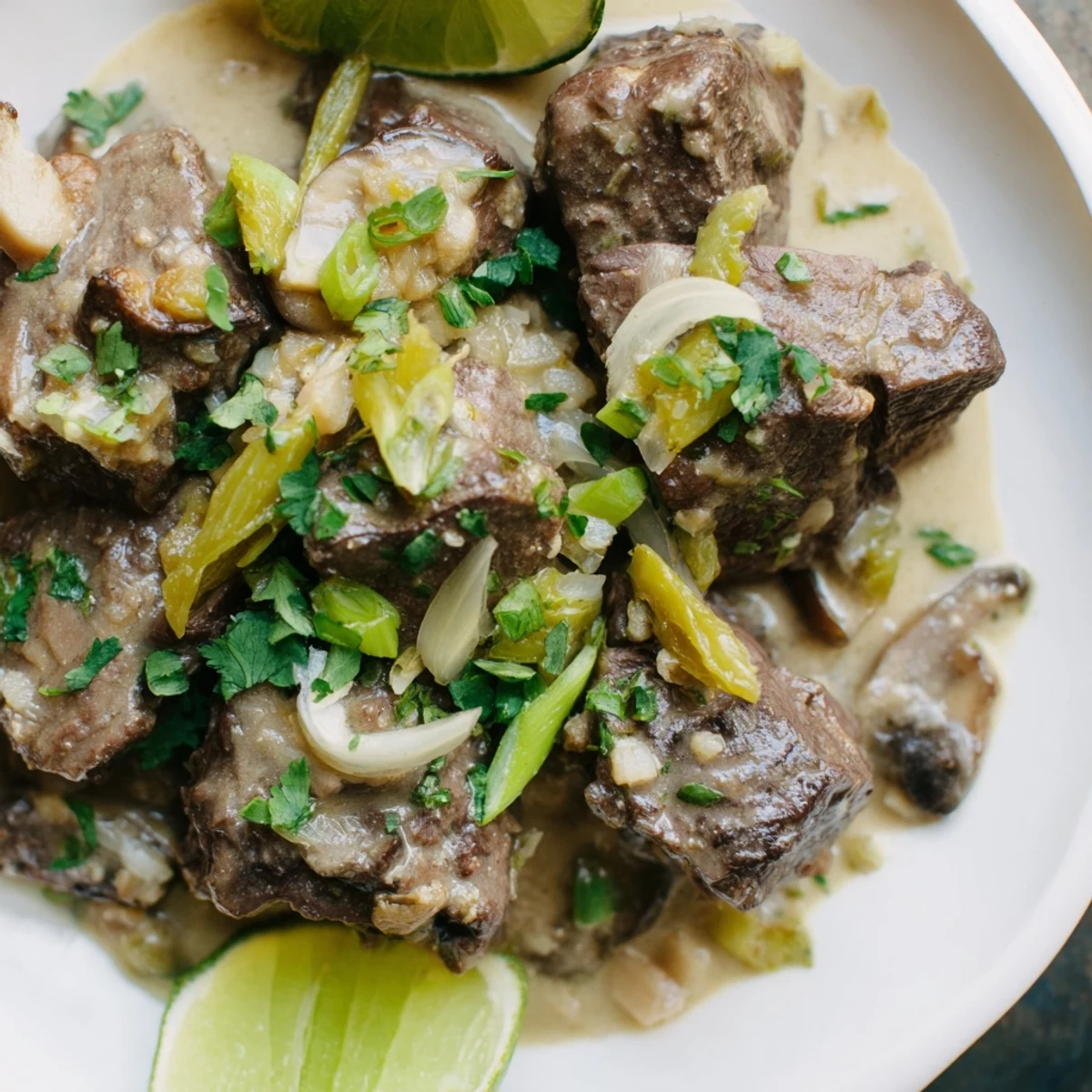 An aromatic pot of Lemongrass Coconut Braised Beef with Mushrooms simmering in a rich, creamy coconut sauce.