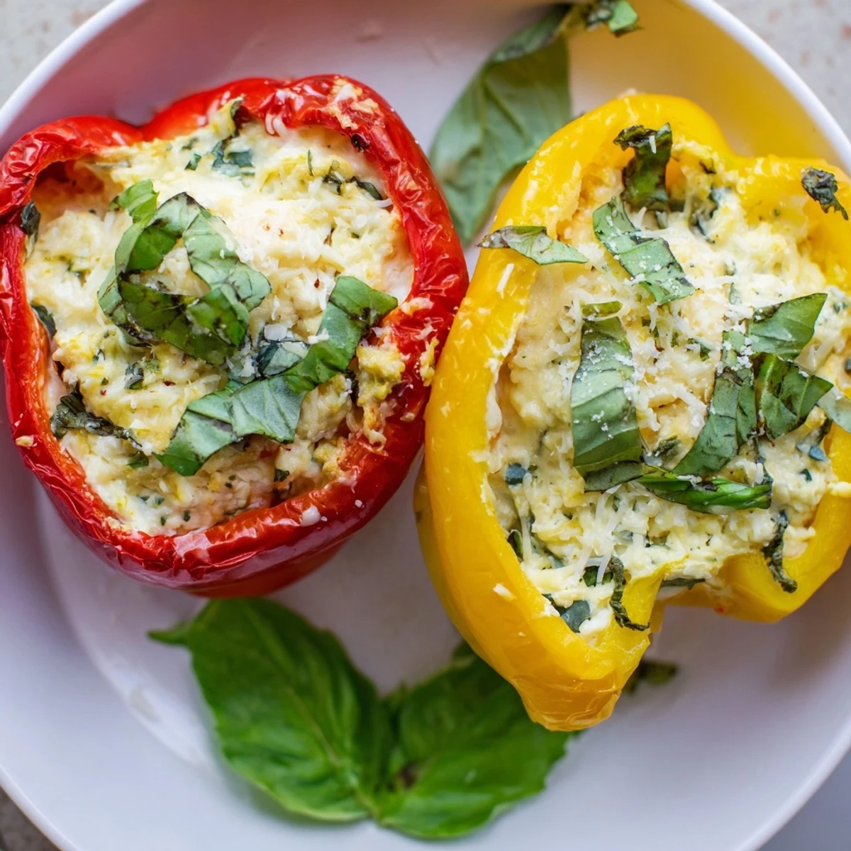 Golden-baked ricotta stuffed peppers with bubbly mozzarella and fresh herbs on a rustic plate.