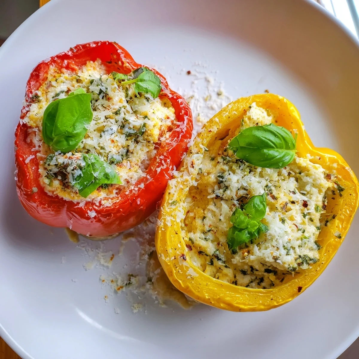Creamy ricotta filling in roasted bell peppers garnished with basil and lemon zest.