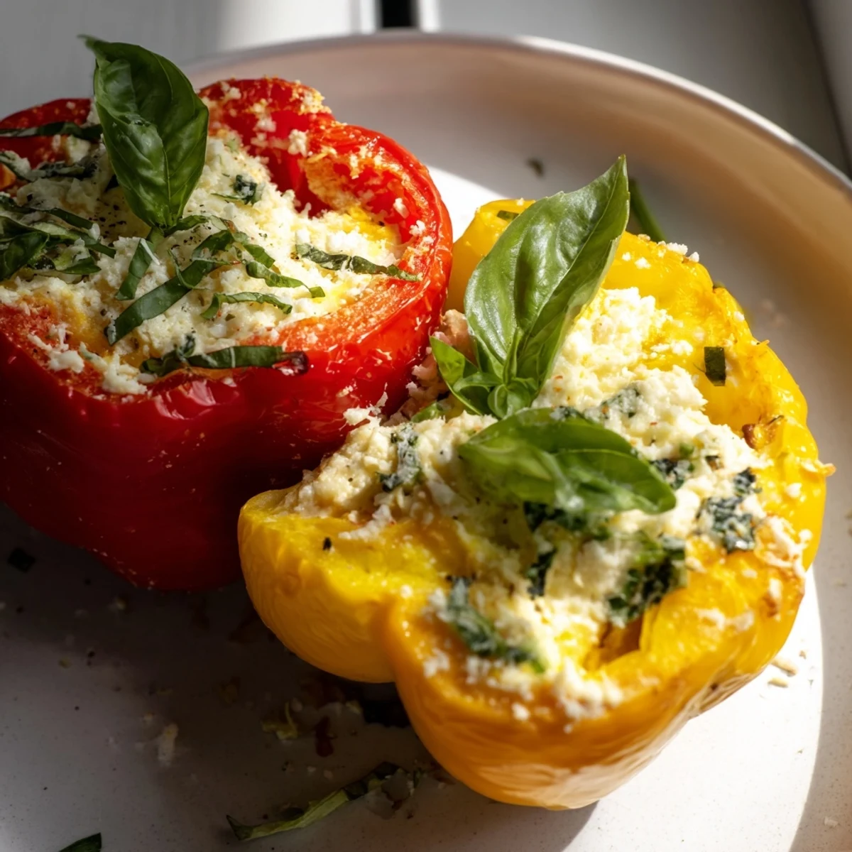 Vibrant vegetarian ricotta stuffed peppers served with crusty bread and a crisp salad.