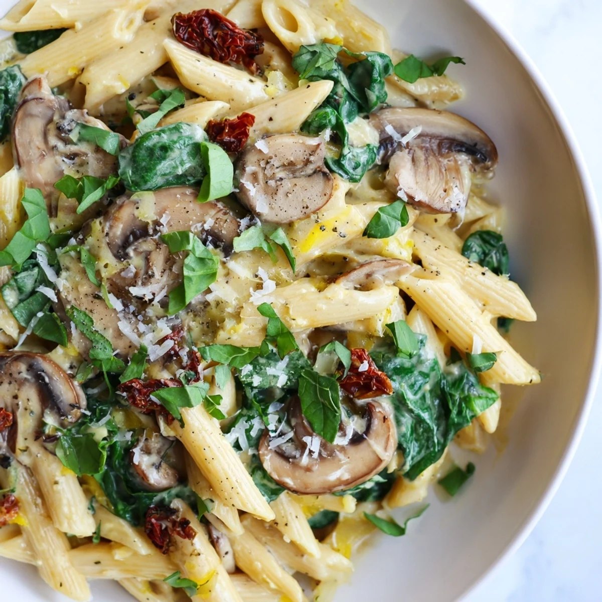 Creamy Tuscan Mushroom Pasta Skillet with sautéed mushrooms and wilted spinach in a rich Parmesan sauce served in a skillet.