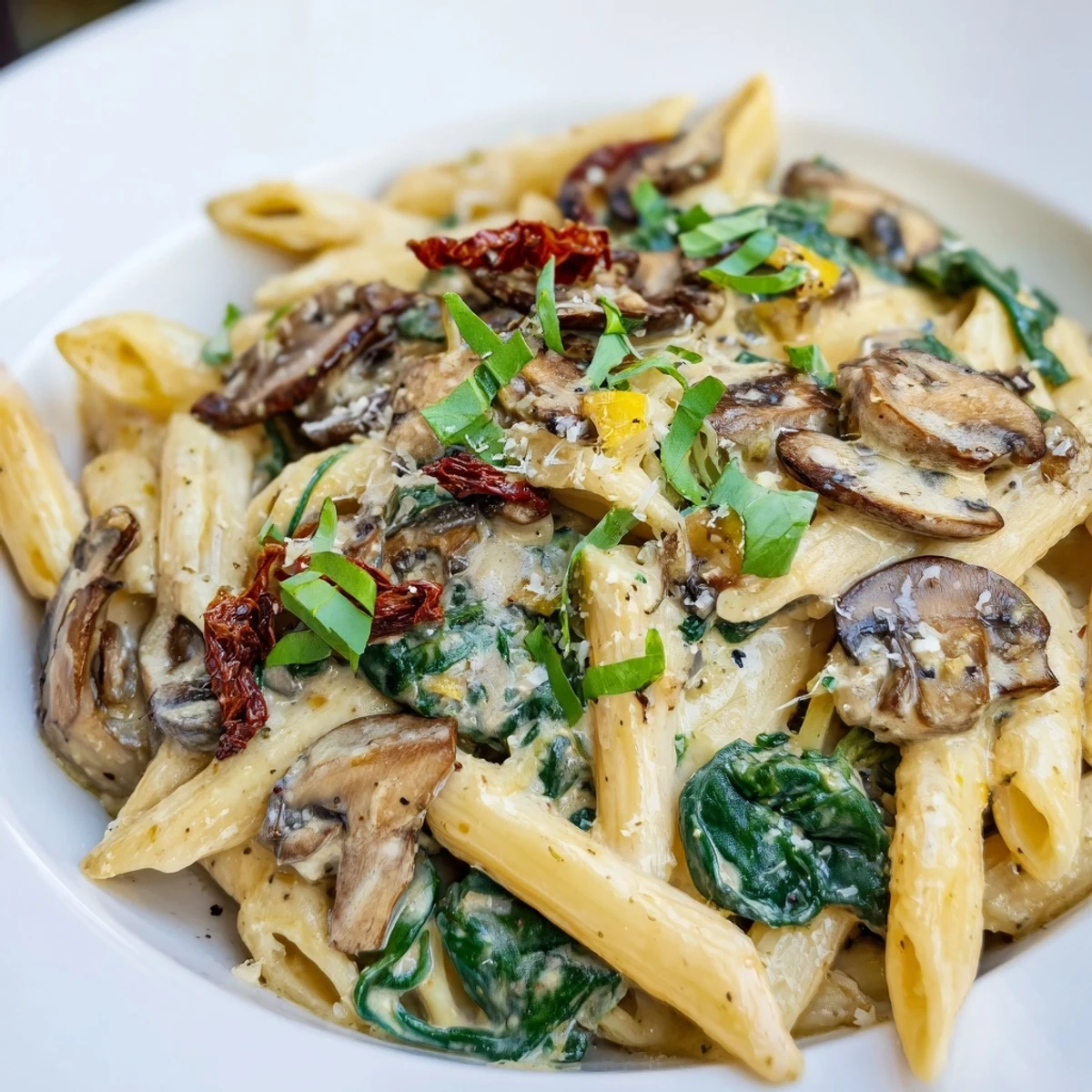 Close-up of Creamy Tuscan Mushroom Pasta Skillet showing creamy sauce coating penne, sun-dried tomatoes, and spinach in a cast-iron skillet.