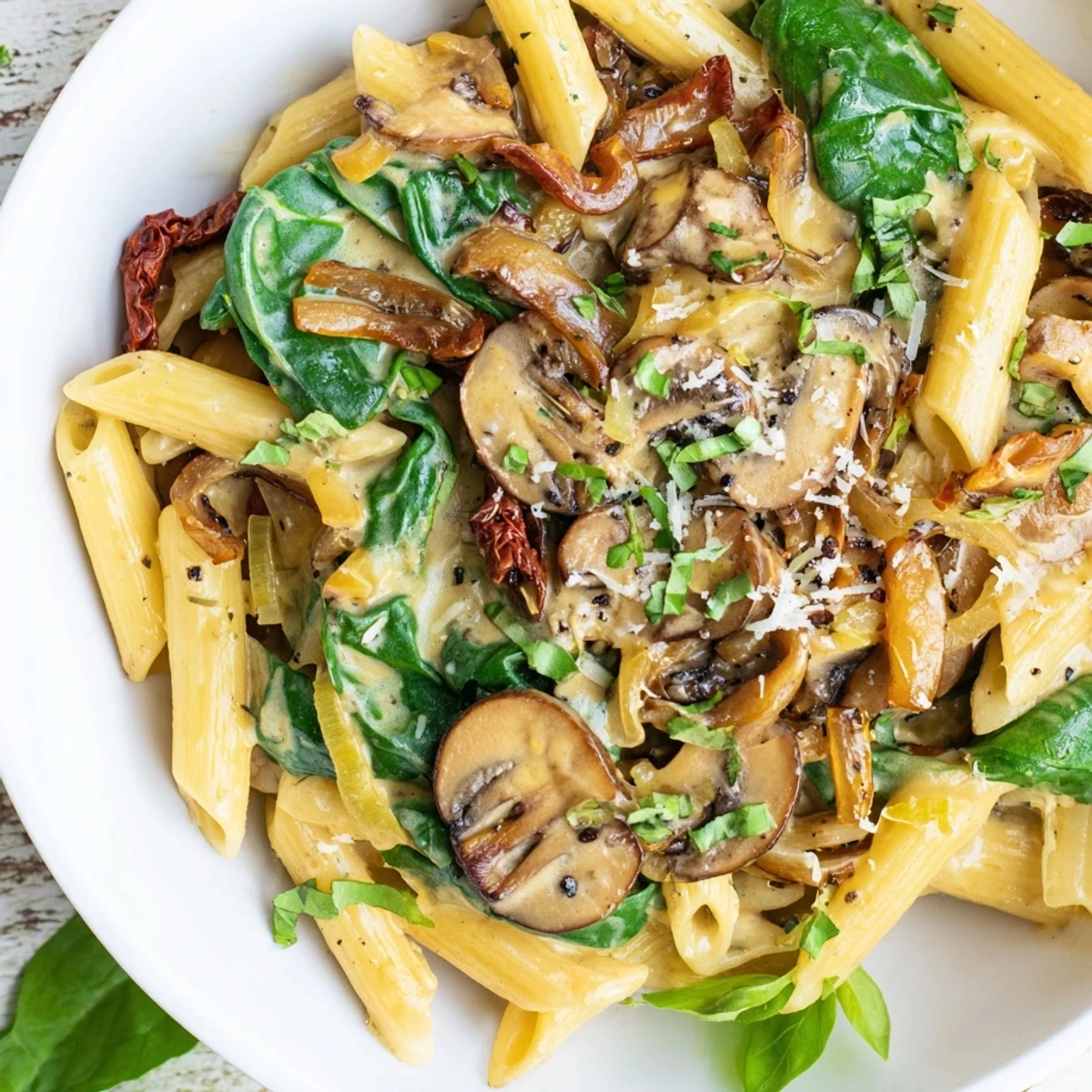 Creamy Tuscan Mushroom Pasta Skillet garnished with fresh basil and extra Parmesan beside a glass of white wine on a rustic table.