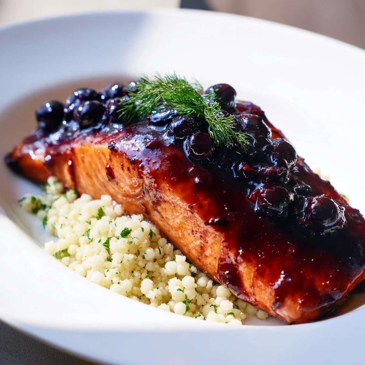Glistening blueberry glazed salmon with lemon herb couscous, served on a white plate with fresh herbs for a vibrant dinner.