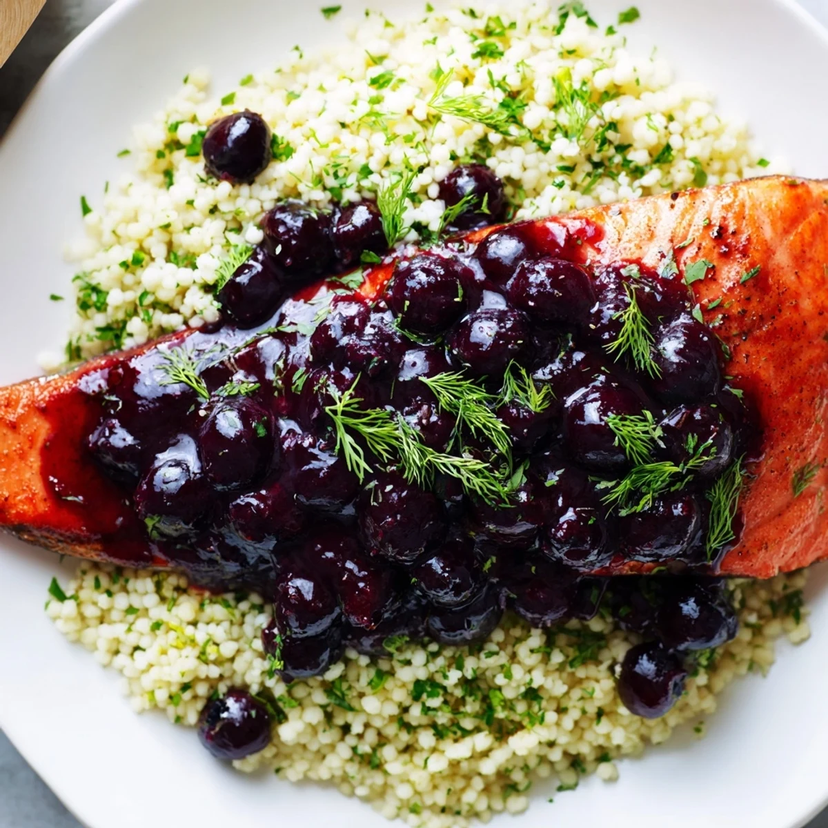 Blueberry glazed salmon with lemon herb couscous topped with a spoonful of sweet glaze and lemon wedges for garnish.