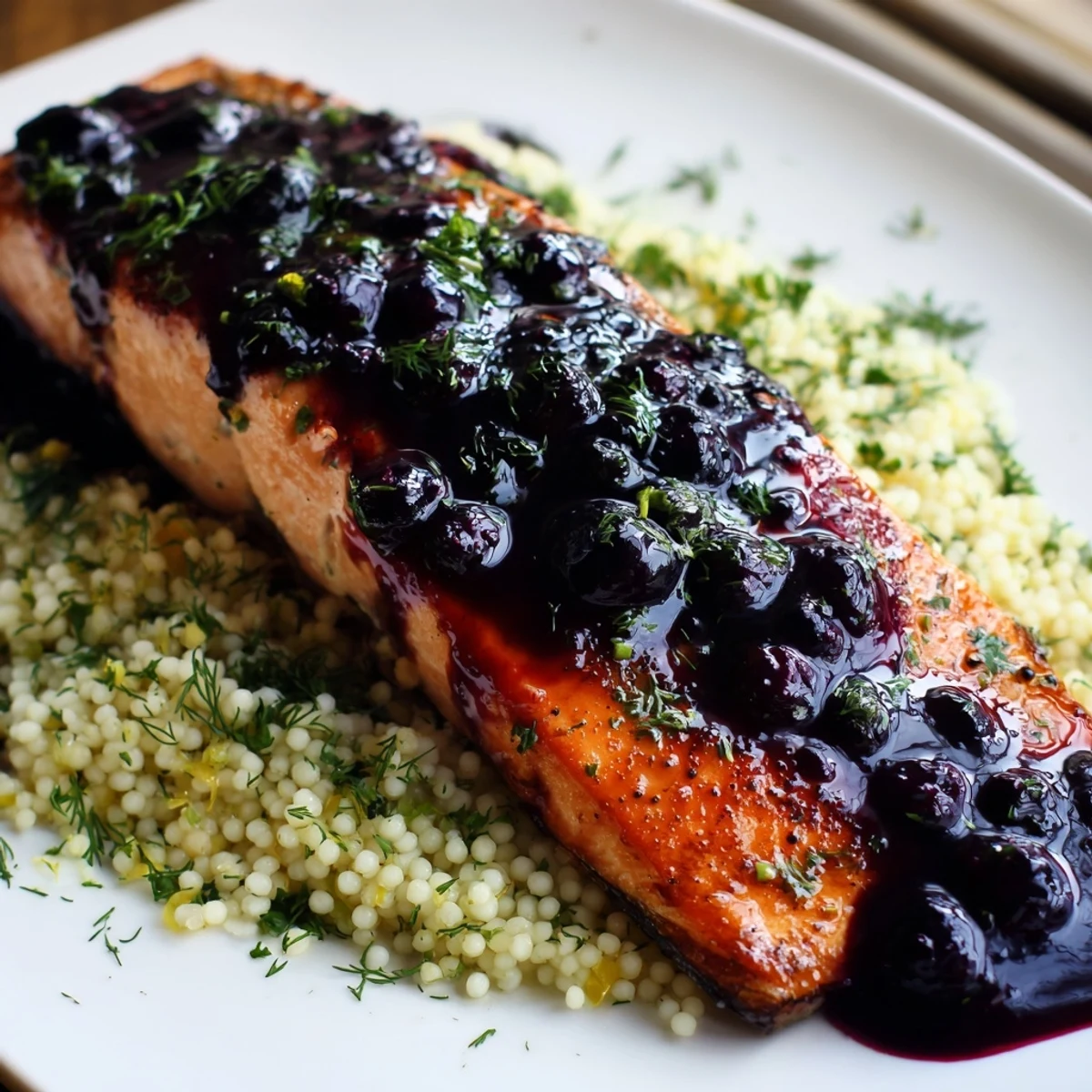 Freshly baked blueberry glazed salmon with lemon herb couscous, flanked by parsley sprigs and a drizzle of tangy sauce.