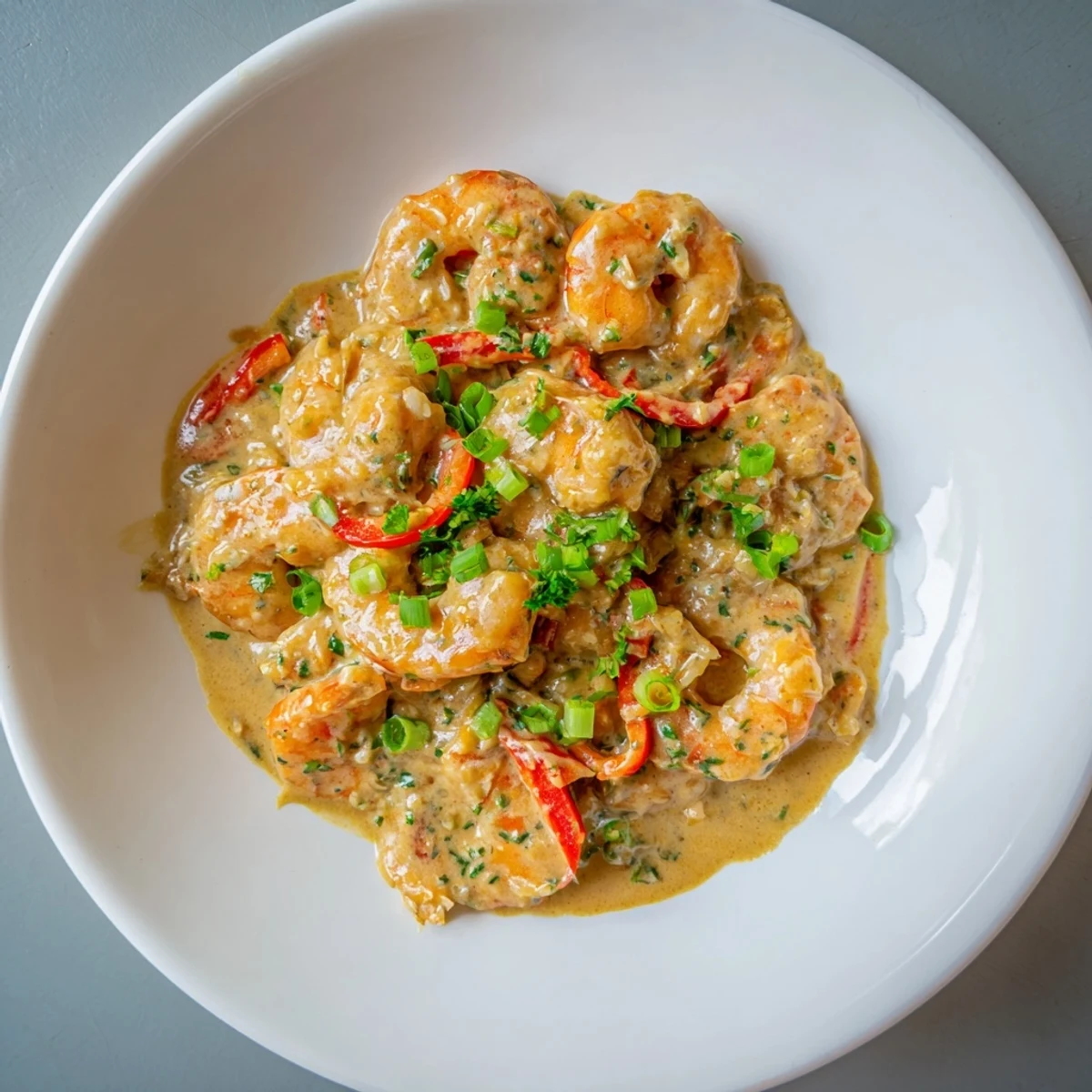 Close-up of Garlic Shrimp in Coconut Milk with cilantro and lime wedges for a bright garnish.  