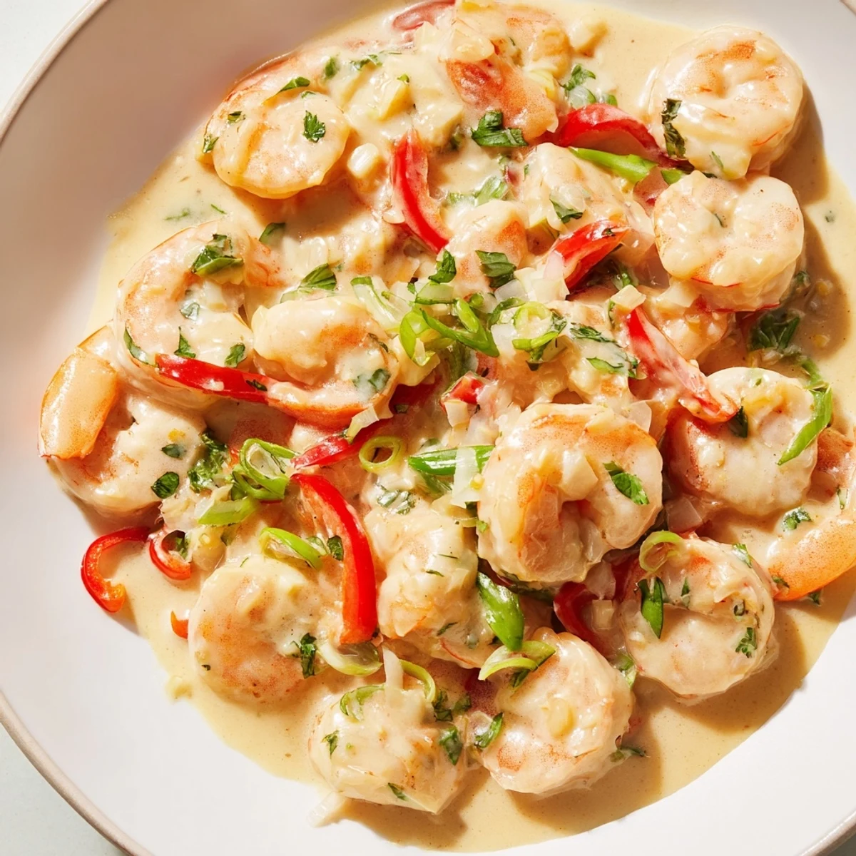 Creamy Garlic Shrimp in Coconut Milk simmering in a white skillet beside fluffy jasmine rice.  