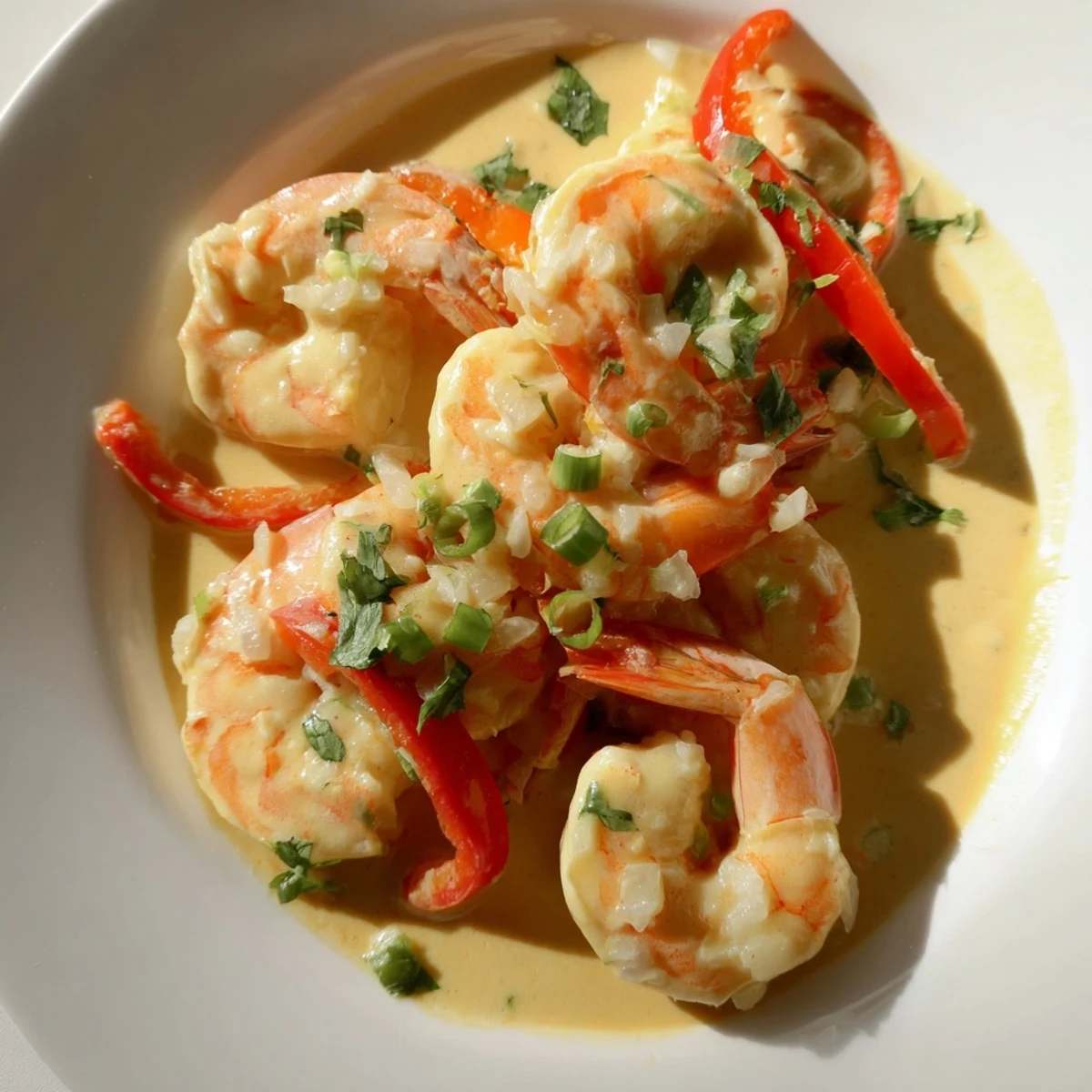 Garlic Shrimp in Coconut Milk plated with red bell peppers, green onions, and steamed rice.