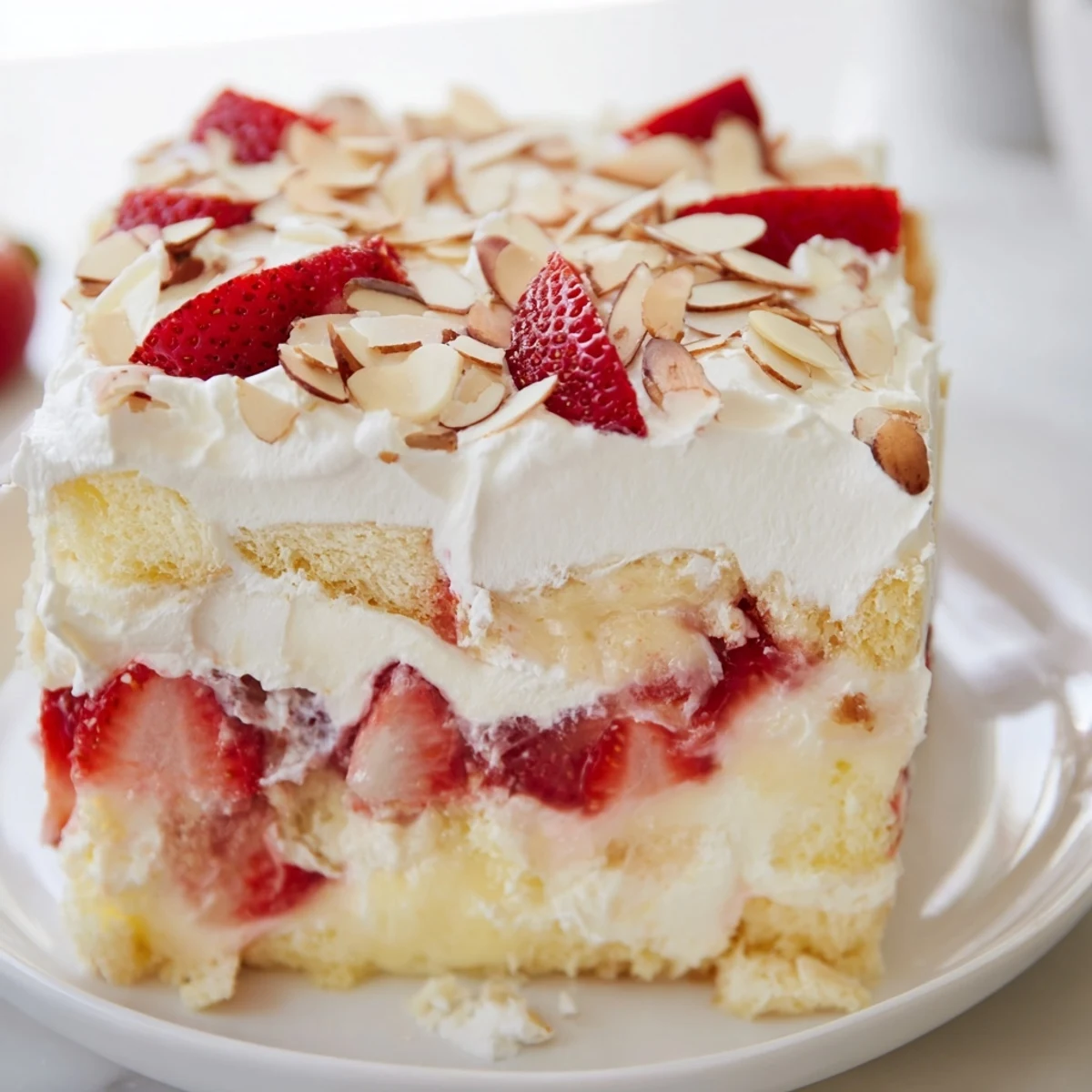 Heaven on Earth Cake features fluffy cake cubes soaked in sweet strawberry pie filling and topped with fluffy whipped cream.