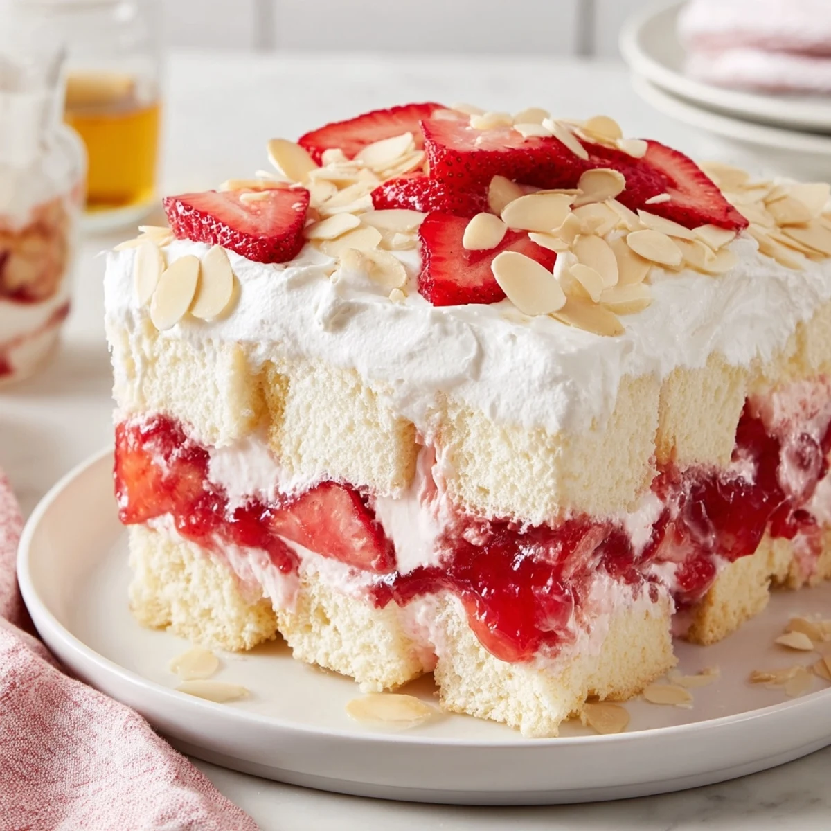 A slice of Heaven on Earth Cake showcases creamy vanilla pudding and strawberry filling layered with soft angel food cake.