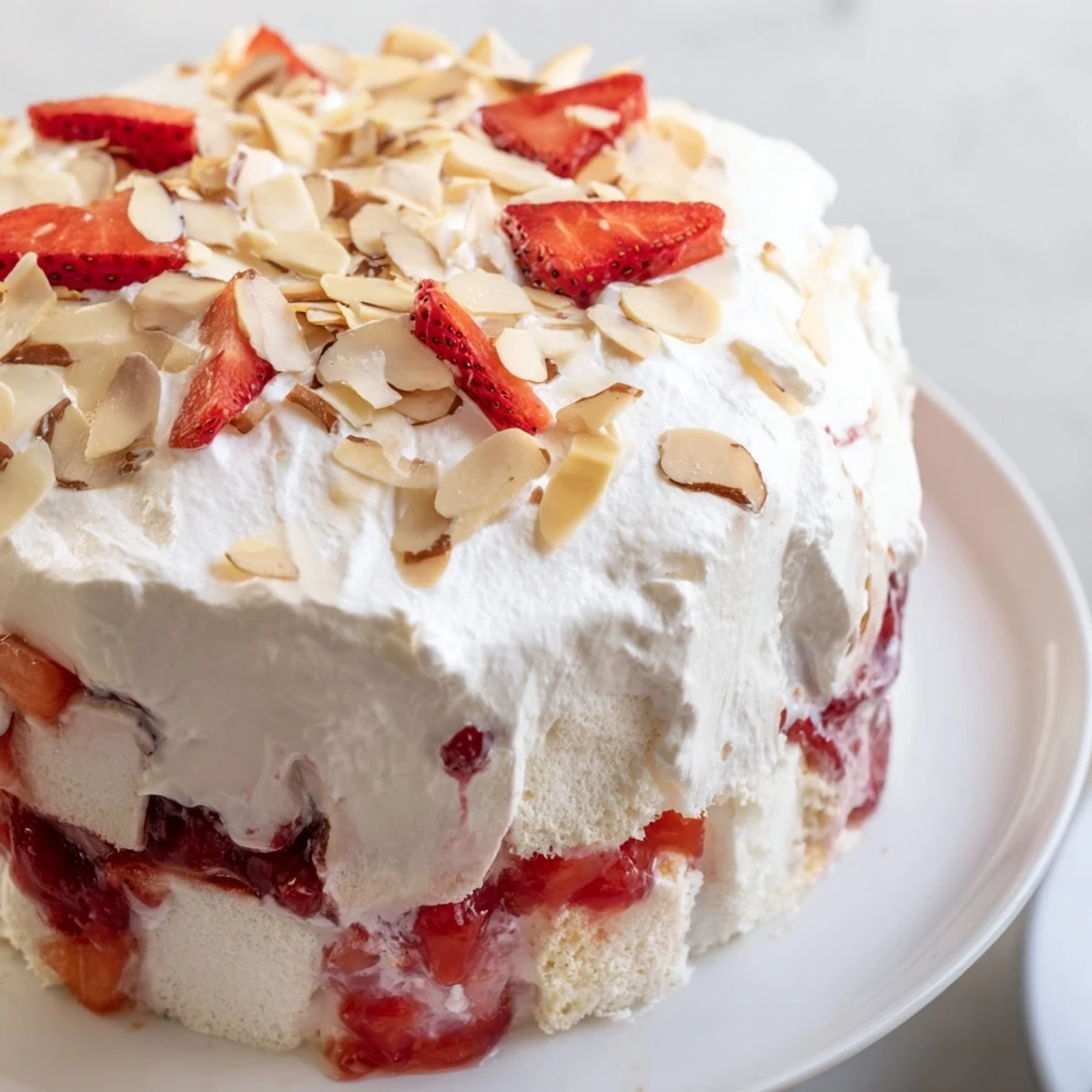 Cold, refreshing Heaven on Earth Cake is served chilled from a trifle dish, garnished with fresh strawberries and sliced almonds.