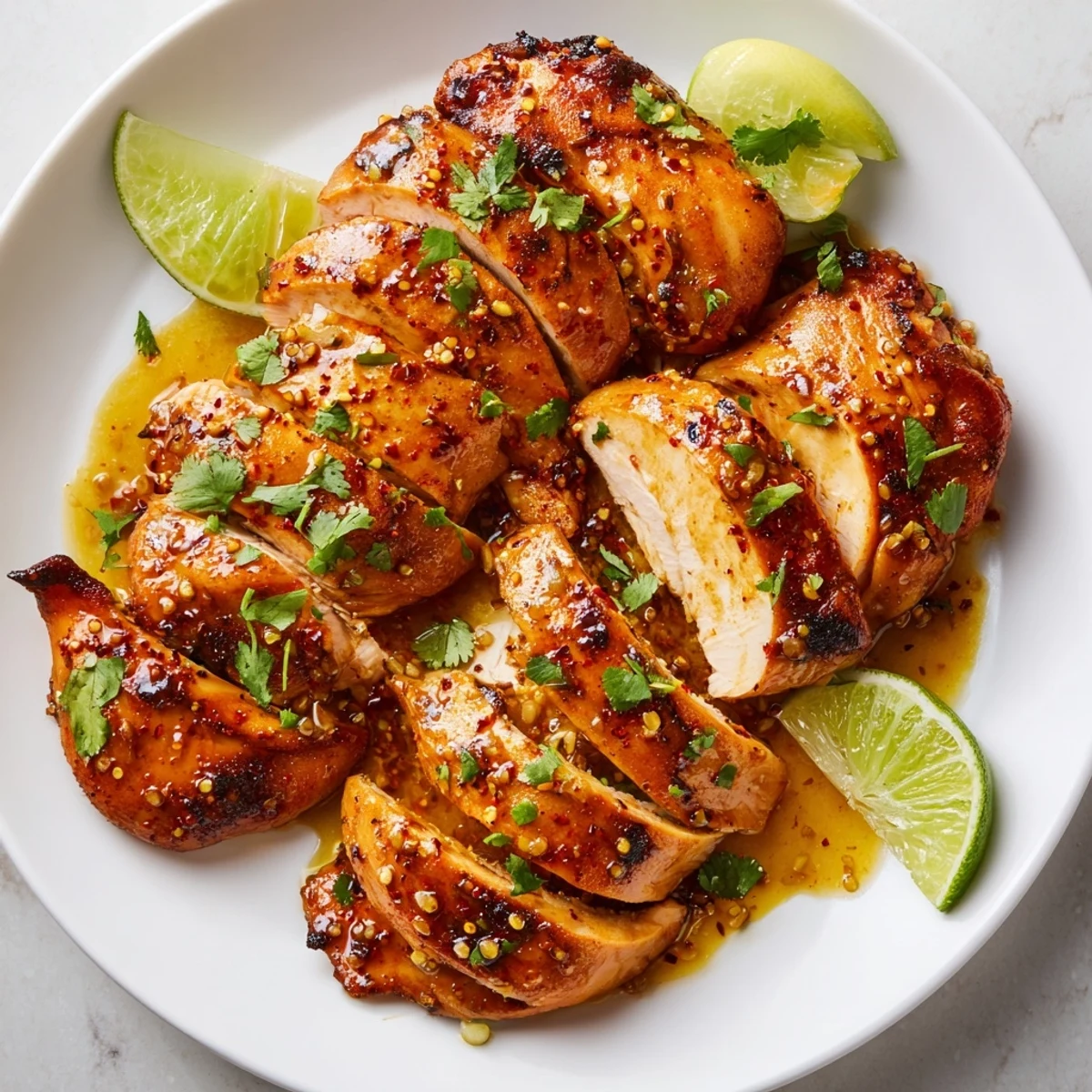 Juicy grilled Spicy Honey Lime Chicken breasts with fresh cilantro and lime wedges on a rustic platter.