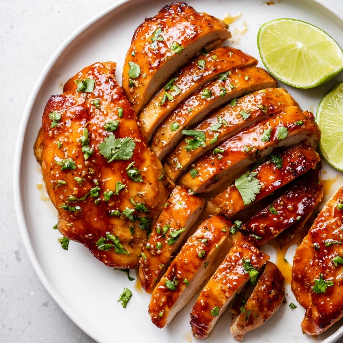 Tender slices of Spicy Honey Lime Chicken served over rice with colorful grilled vegetables on the side.