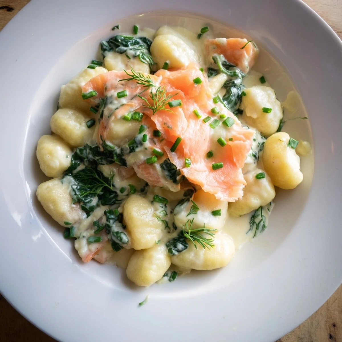 Pillowy gnocchi tossed in a light creamy sauce with silky smoked salmon and fresh spinach, garnished with dill and chives.