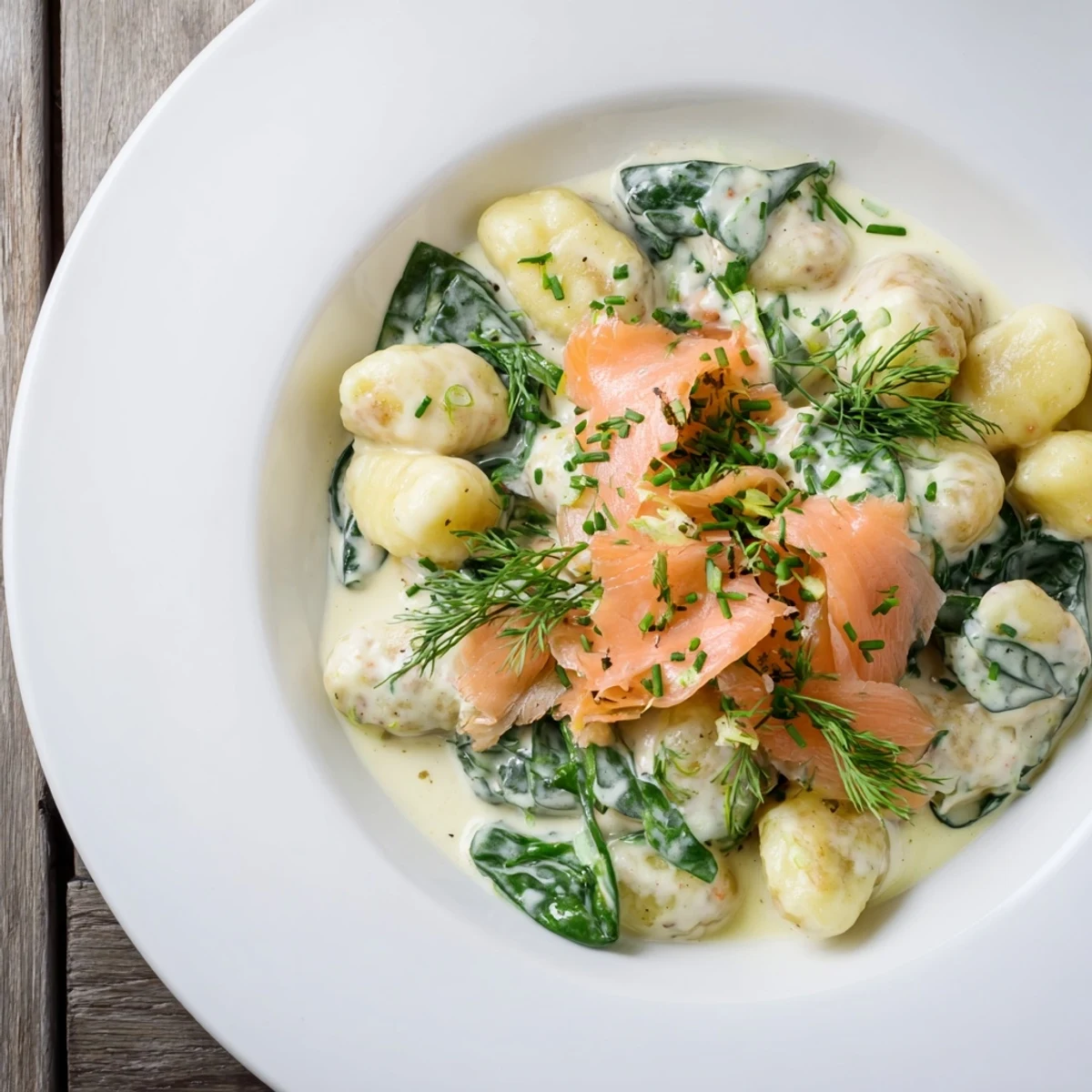 Golden gnocchi coated in lemony crème fraîche, topped with tender smoked salmon and herbs, served ready for a weeknight dinner.