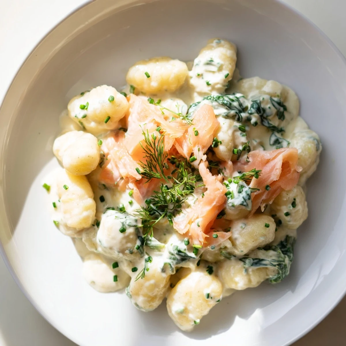 Healthy Smoked Salmon Gnocchi on a plate with wilted greens, lemon wedges, and dill, perfect for a pescatarian main course.