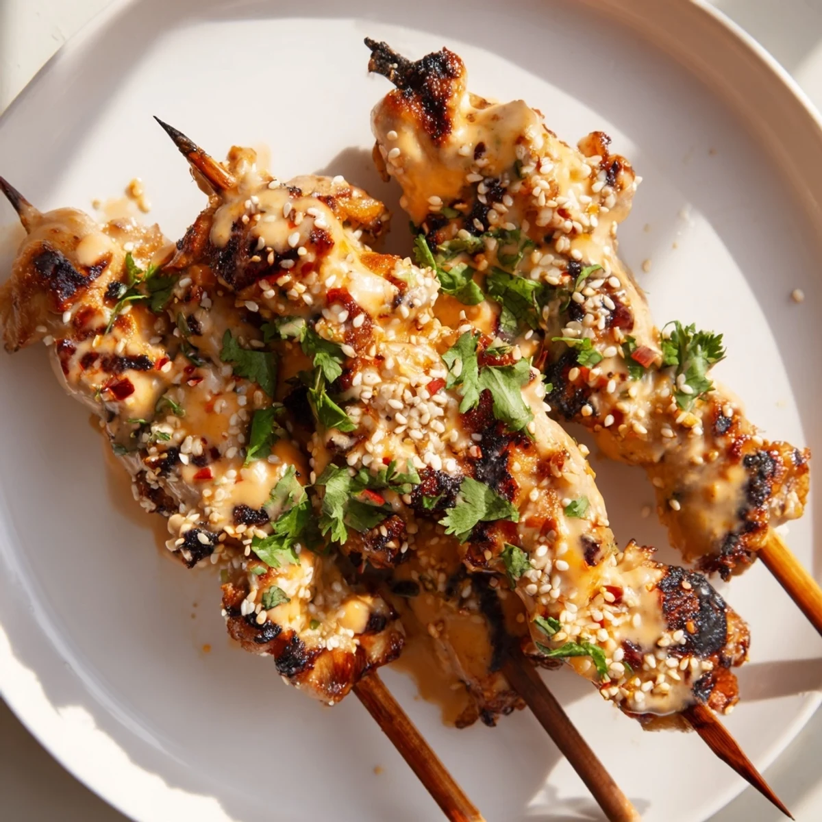 A close-up of juicy Bang Bang Chicken Skewers on a platter with lime wedges and toasted sesame seeds.  